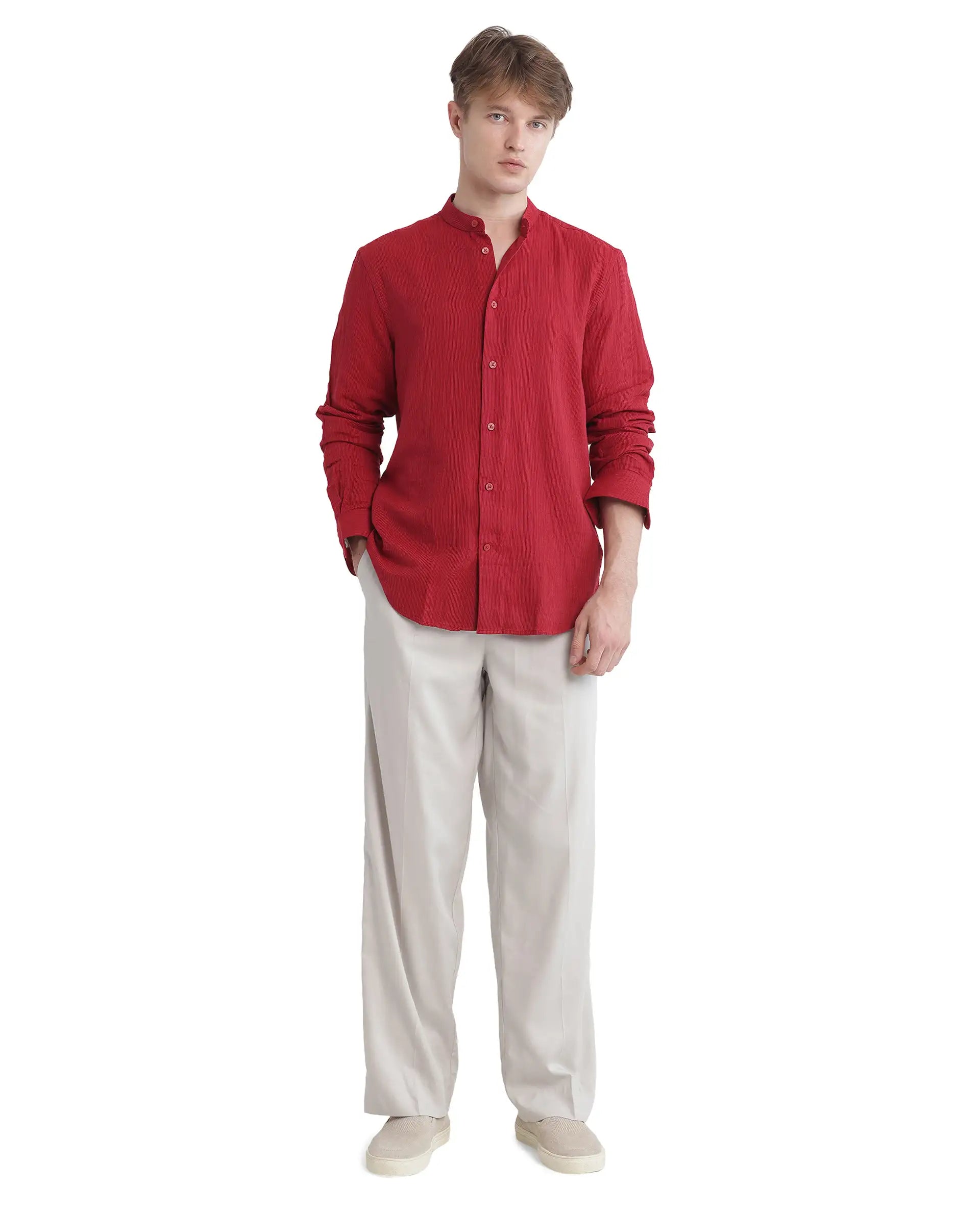 Rare Rabbit Men Rusk Red Cotton Fabric Full Sleeve Mandarin Collar Button Closure Plain Shirt