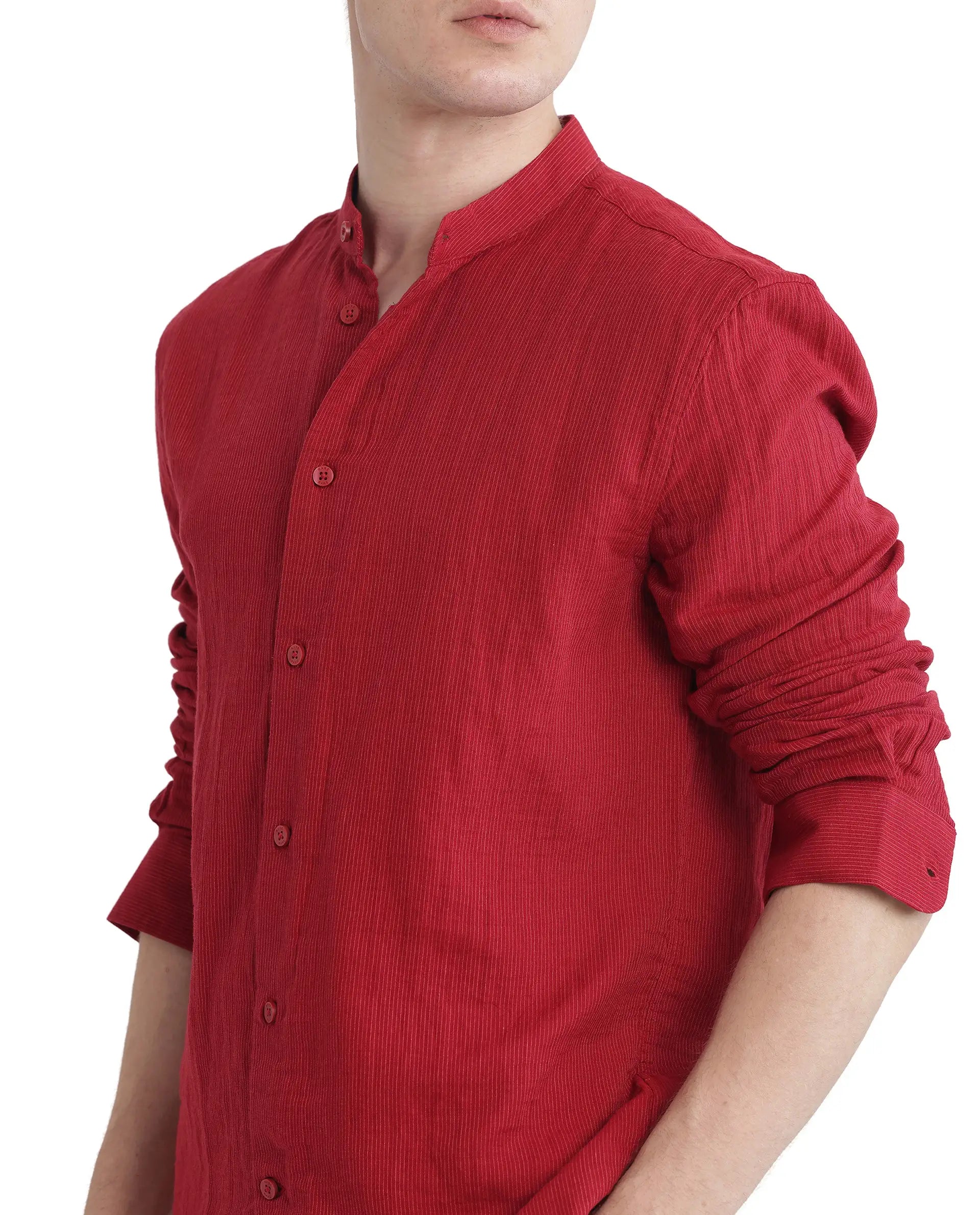 Rare Rabbit Men Rusk Red Cotton Fabric Full Sleeve Mandarin Collar Button Closure Plain Shirt