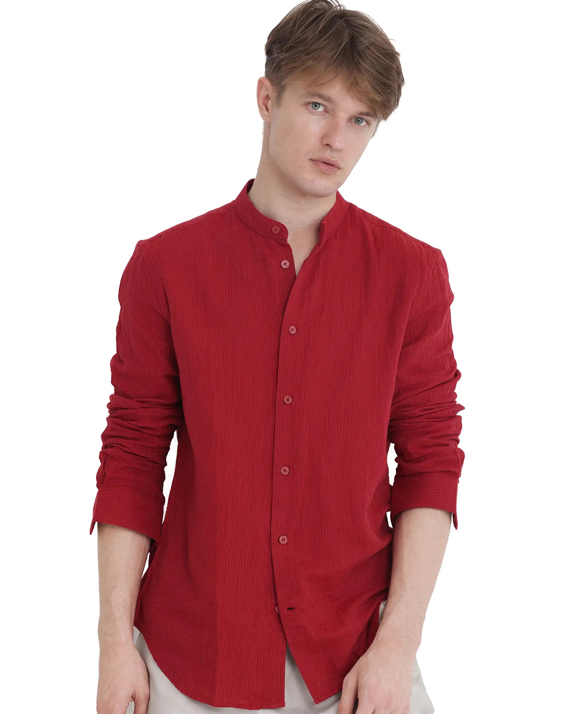 Rare Rabbit Men Rusk Red Cotton Fabric Full Sleeve Mandarin Collar Button Closure Plain Shirt