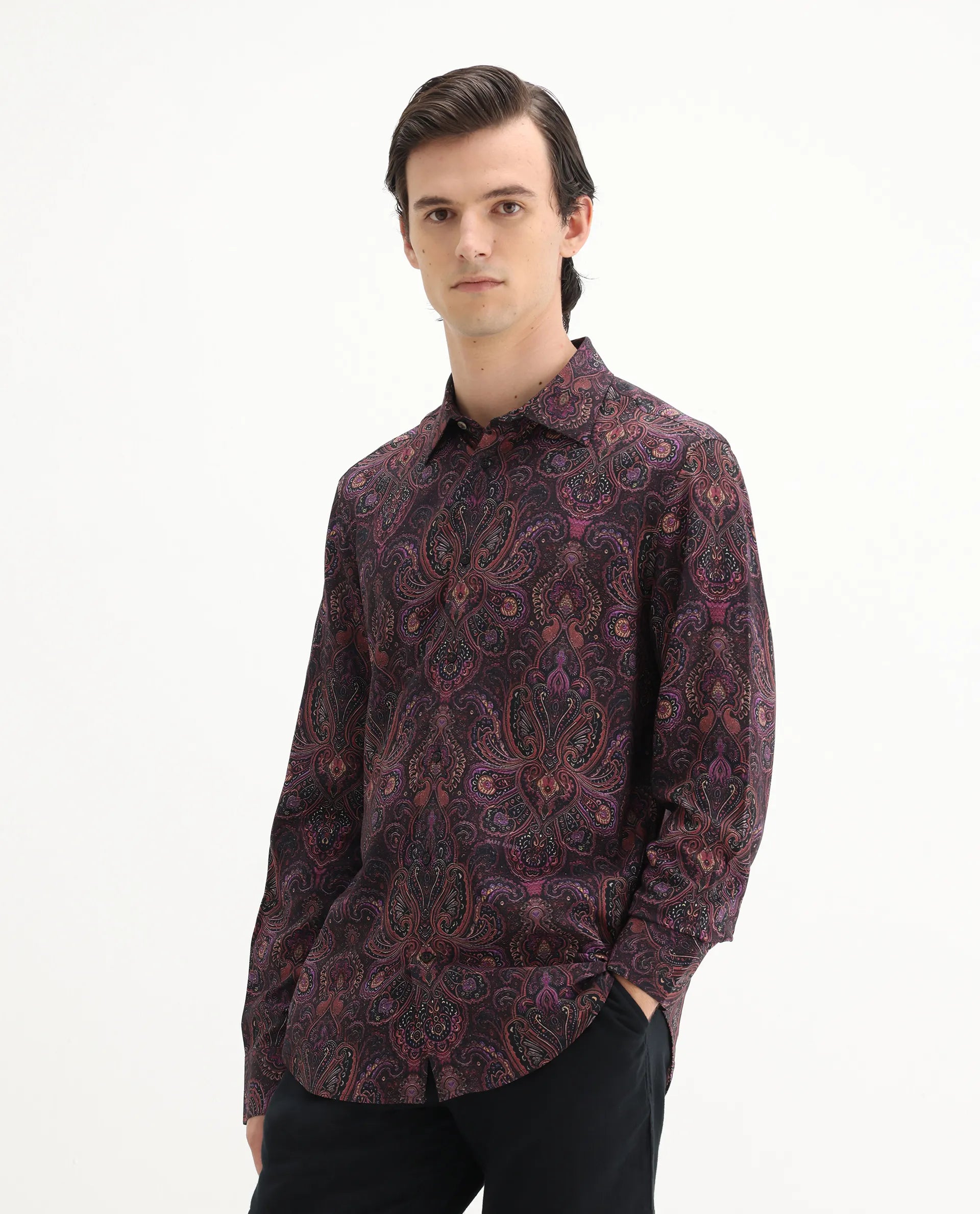 Rare Rabbit Men's Rust Dusky Purple Viscose Paisley Print Regular Fit Full Sleeve Collared Shirt