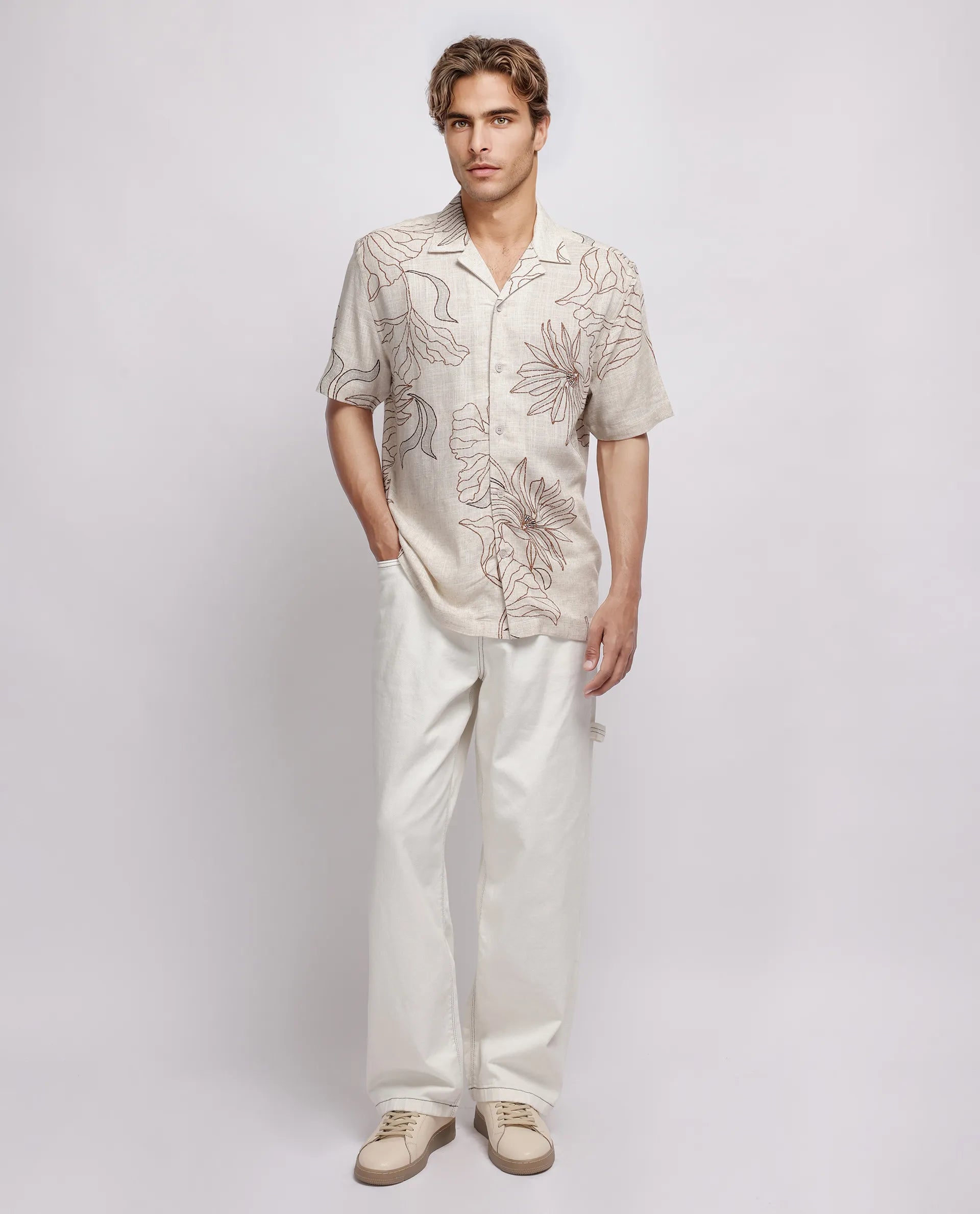 Rare Rabbit Men's Rustel Khaki Viscose Floral Print Relaxed Fit Half Sleeve Cuban Collar Shirt