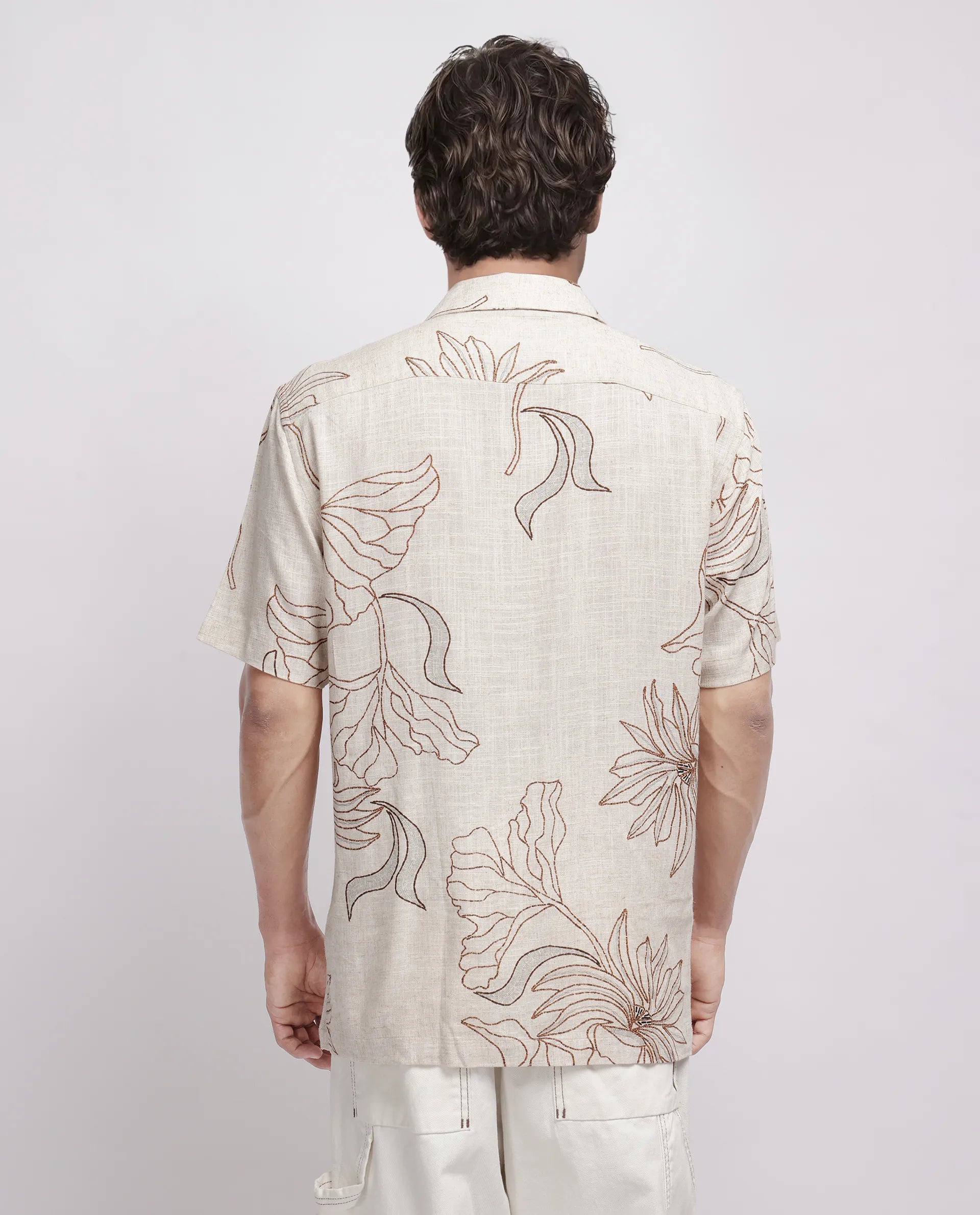 Rare Rabbit Men's Rustel Khaki Viscose Floral Print Relaxed Fit Half Sleeve Cuban Collar Shirt