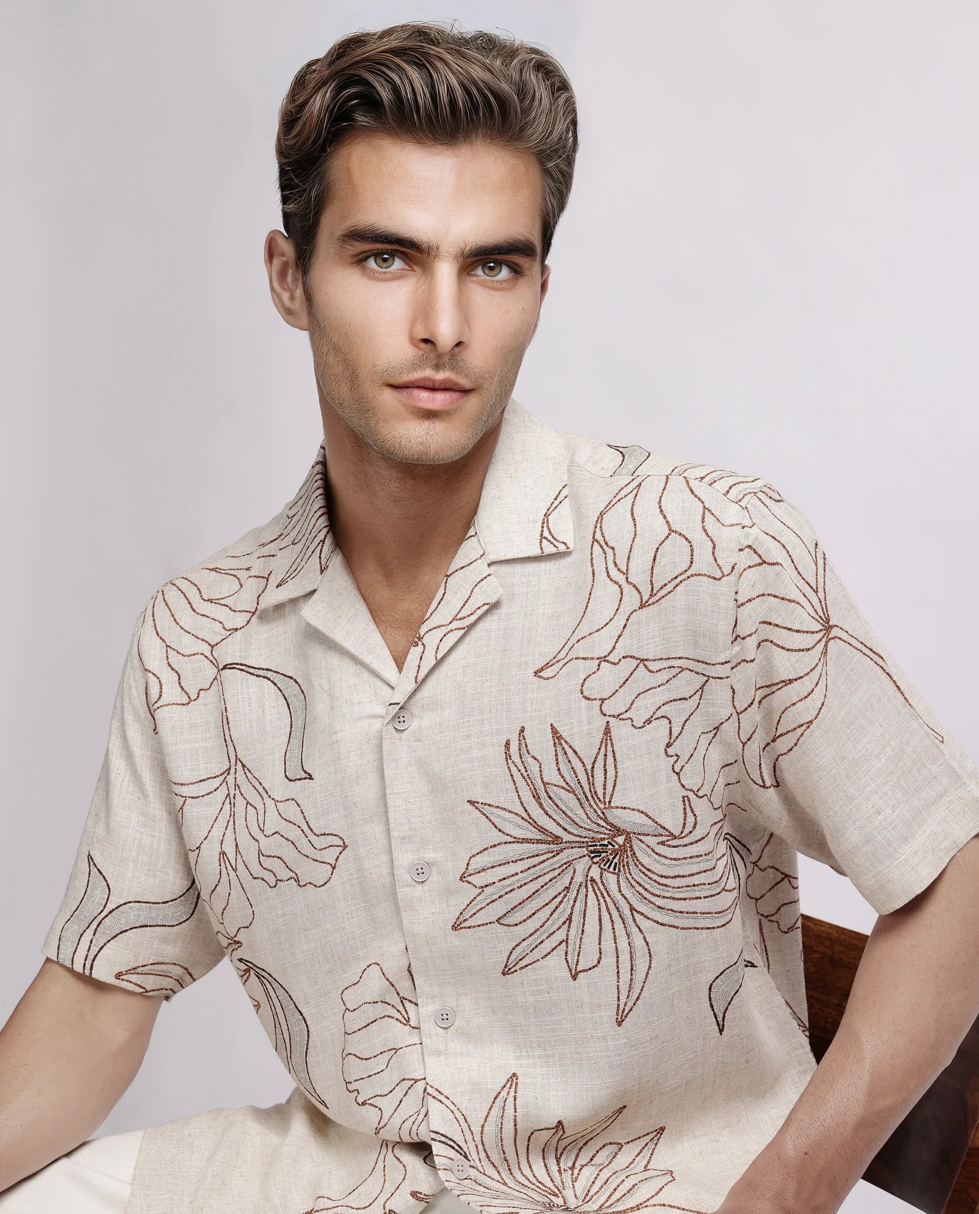 Rare Rabbit Men's Rustel Khaki Viscose Floral Print Relaxed Fit Half Sleeve Cuban Collar Shirt