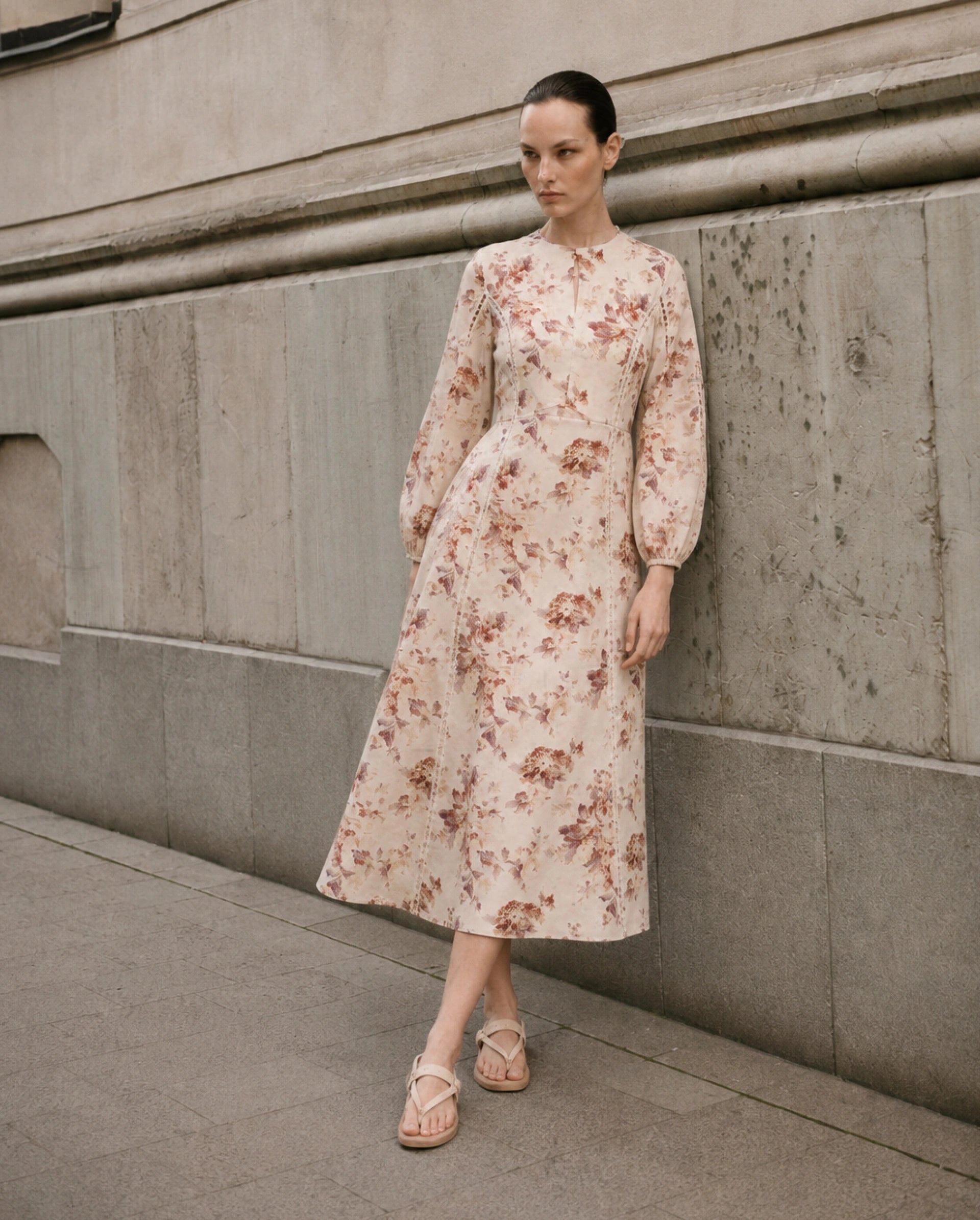 Rareism Women's Ruten Beige Cotton Crew Neck Button And Zip Fit And Flare Floral Print Dress