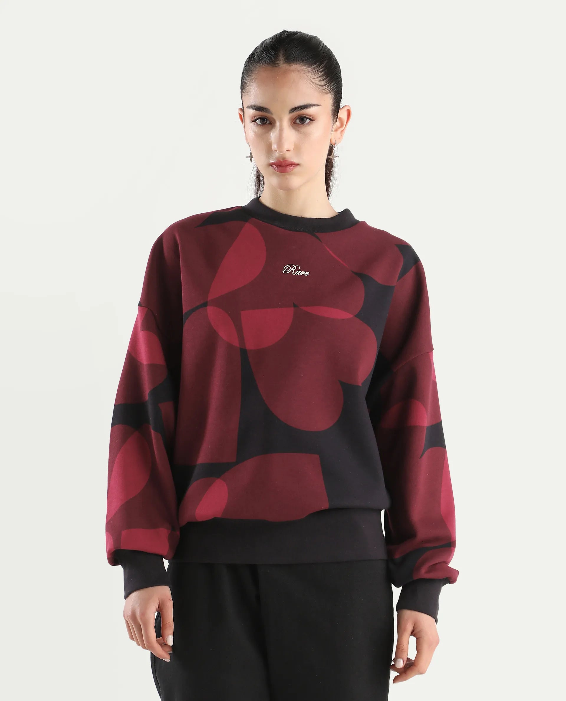 Rareism Women's Ruth Black Cotton Blend Crew Neck Oversize Fit Abstract Print Sweatshirt