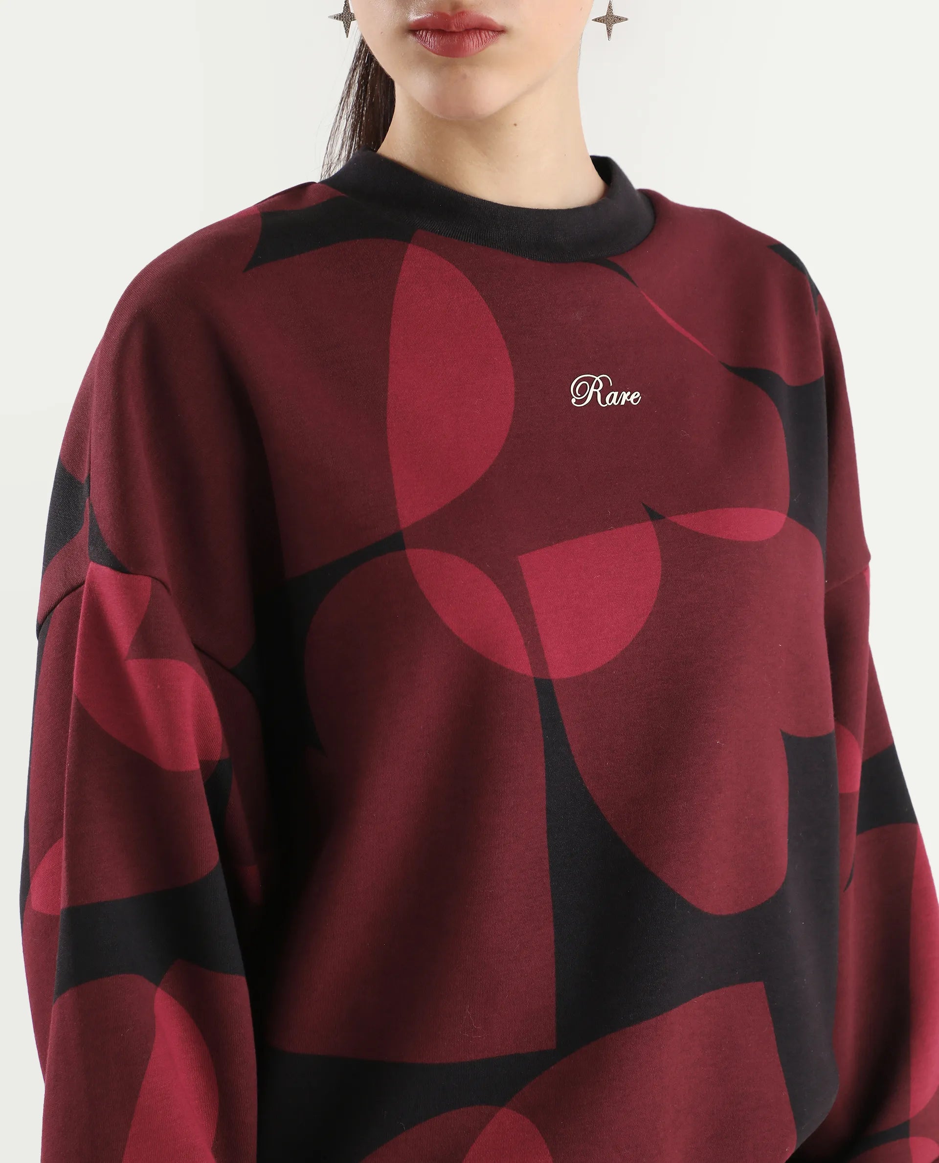 Rareism Women's Ruth Black Cotton Blend Crew Neck Oversize Fit Abstract Print Sweatshirt