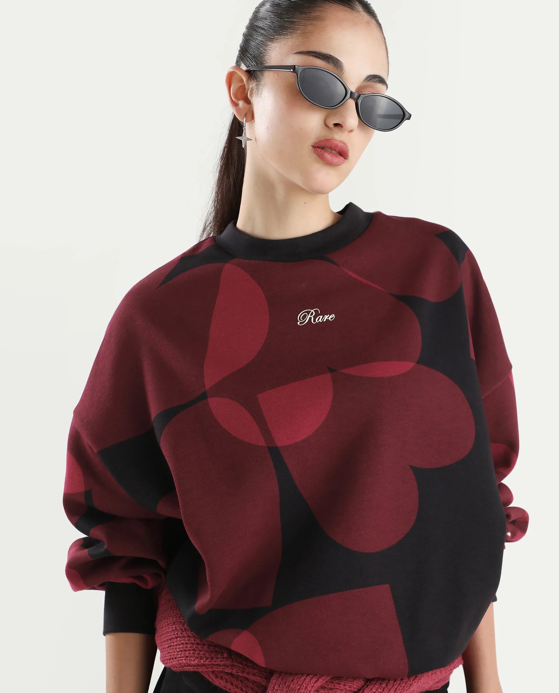 Rareism Women's Ruth Black Cotton Blend Crew Neck Oversize Fit Abstract Print Sweatshirt