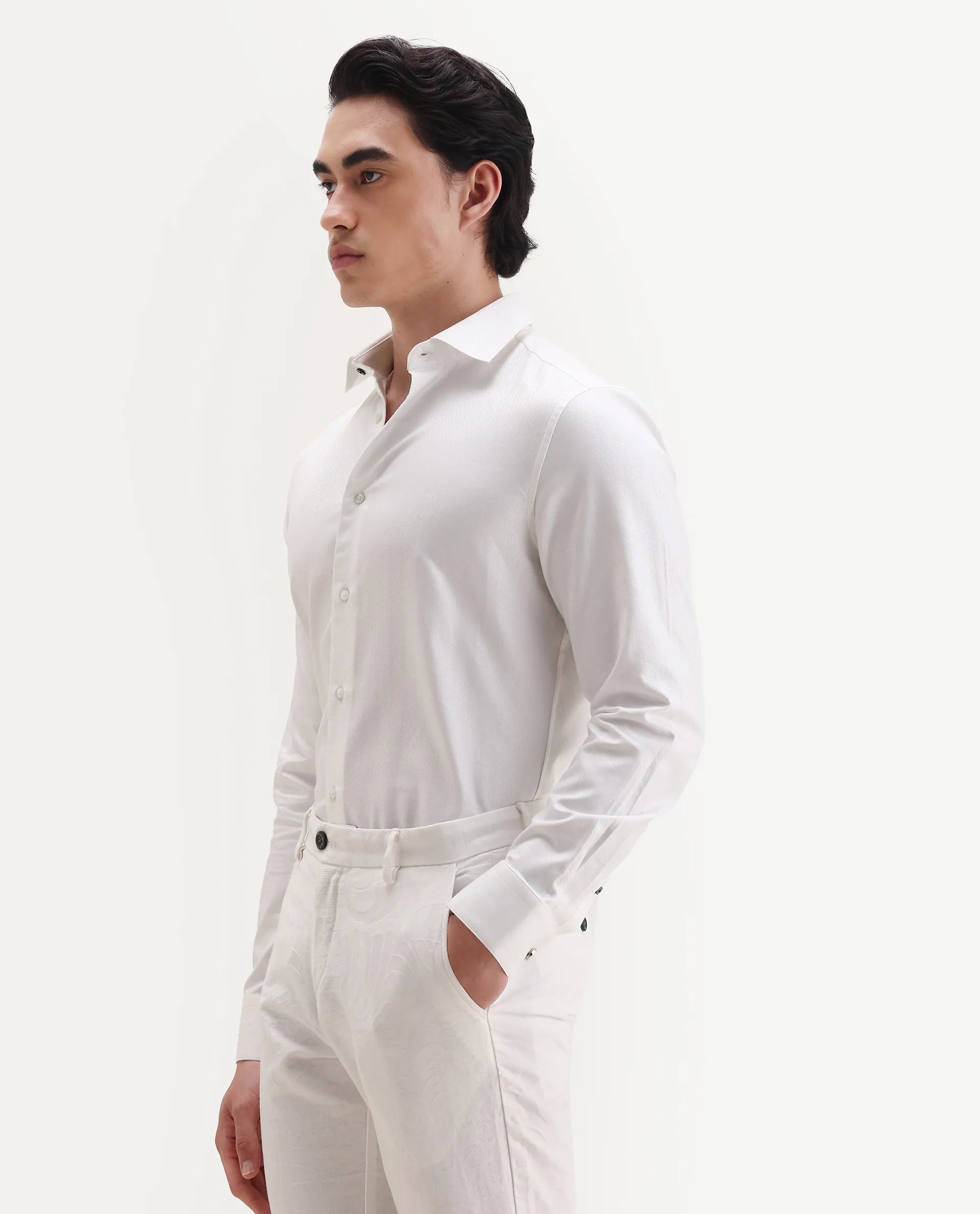 Rare Rabbit Men's Ruther 25 White Cotton Fabric Spread Collar Regular Jacquard Shirt
