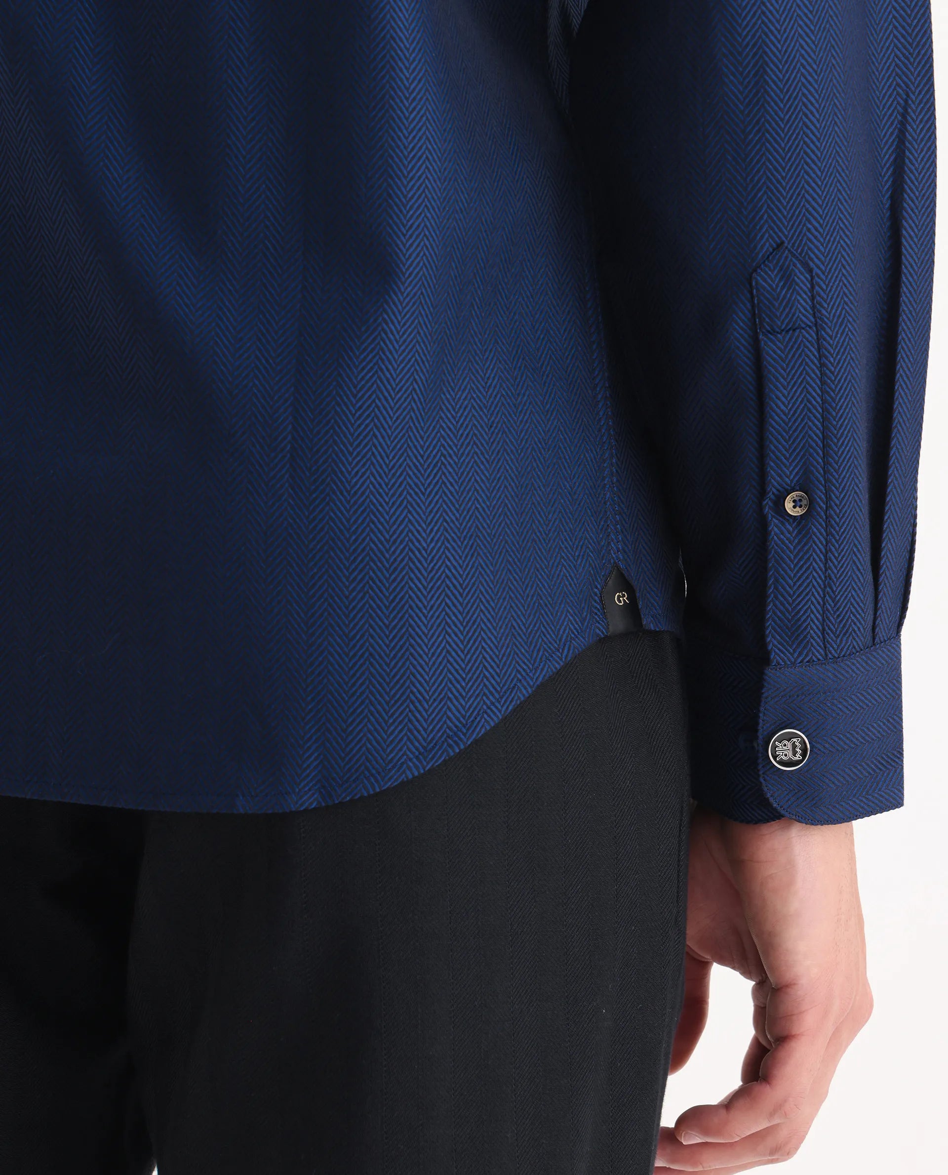 Rare Rabbit Men's Ruther 25 Dark Blue Cotton Fabric Spread Collar Regular Jacquard Shirt