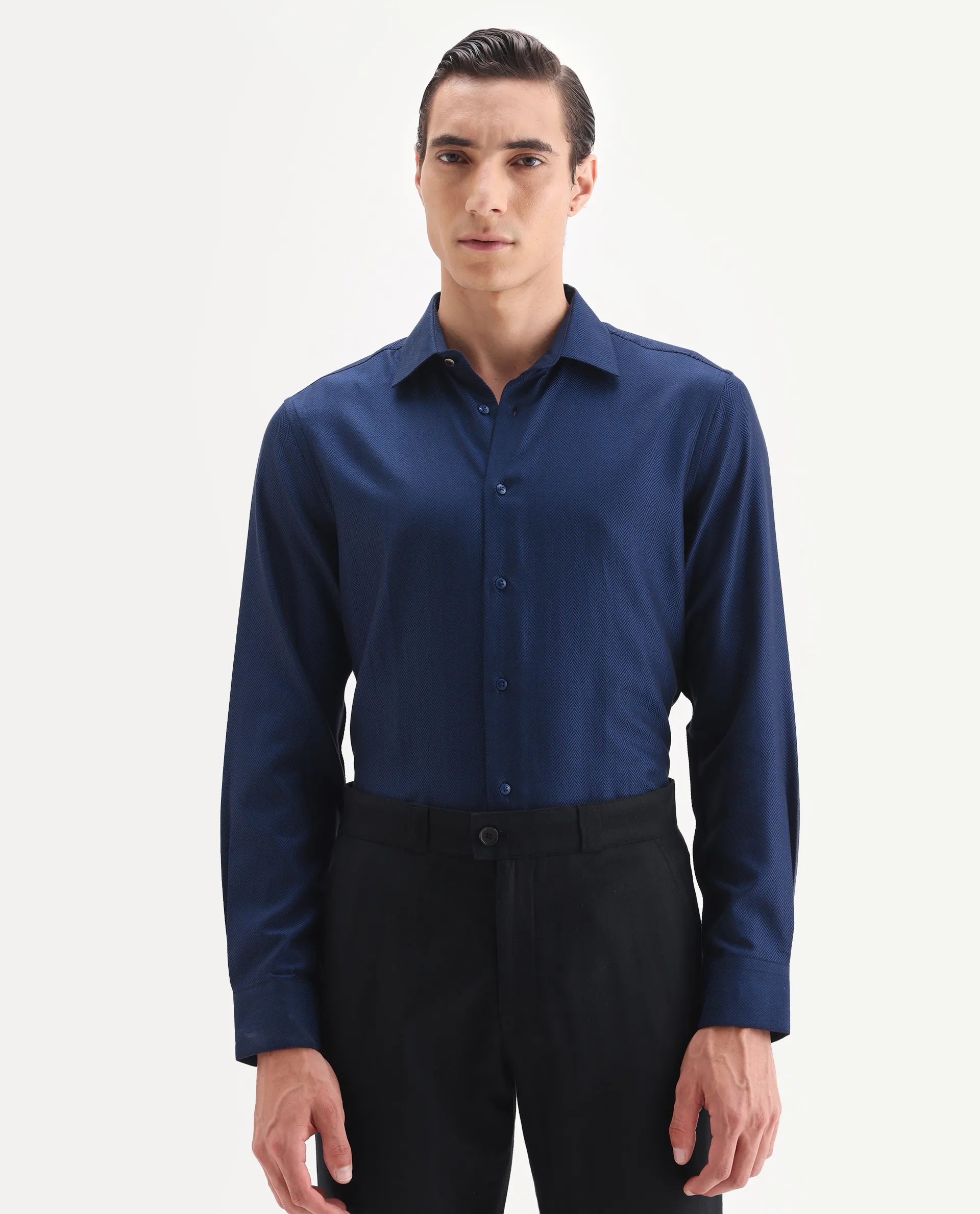Rare Rabbit Men's Ruther 25 Dark Blue Cotton Fabric Spread Collar Regular Jacquard Shirt