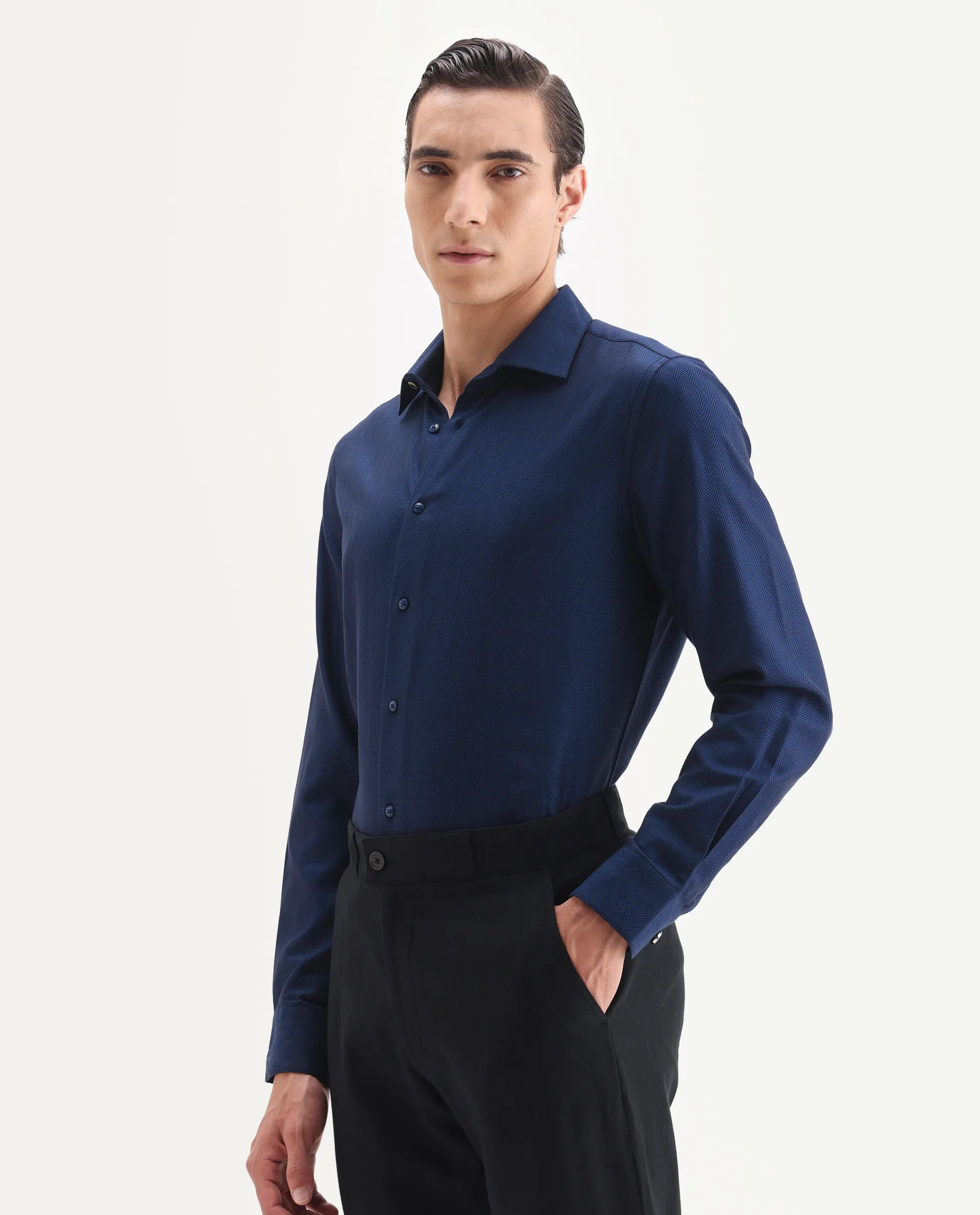 Rare Rabbit Men's Ruther 25 Dark Blue Cotton Fabric Spread Collar Regular Jacquard Shirt