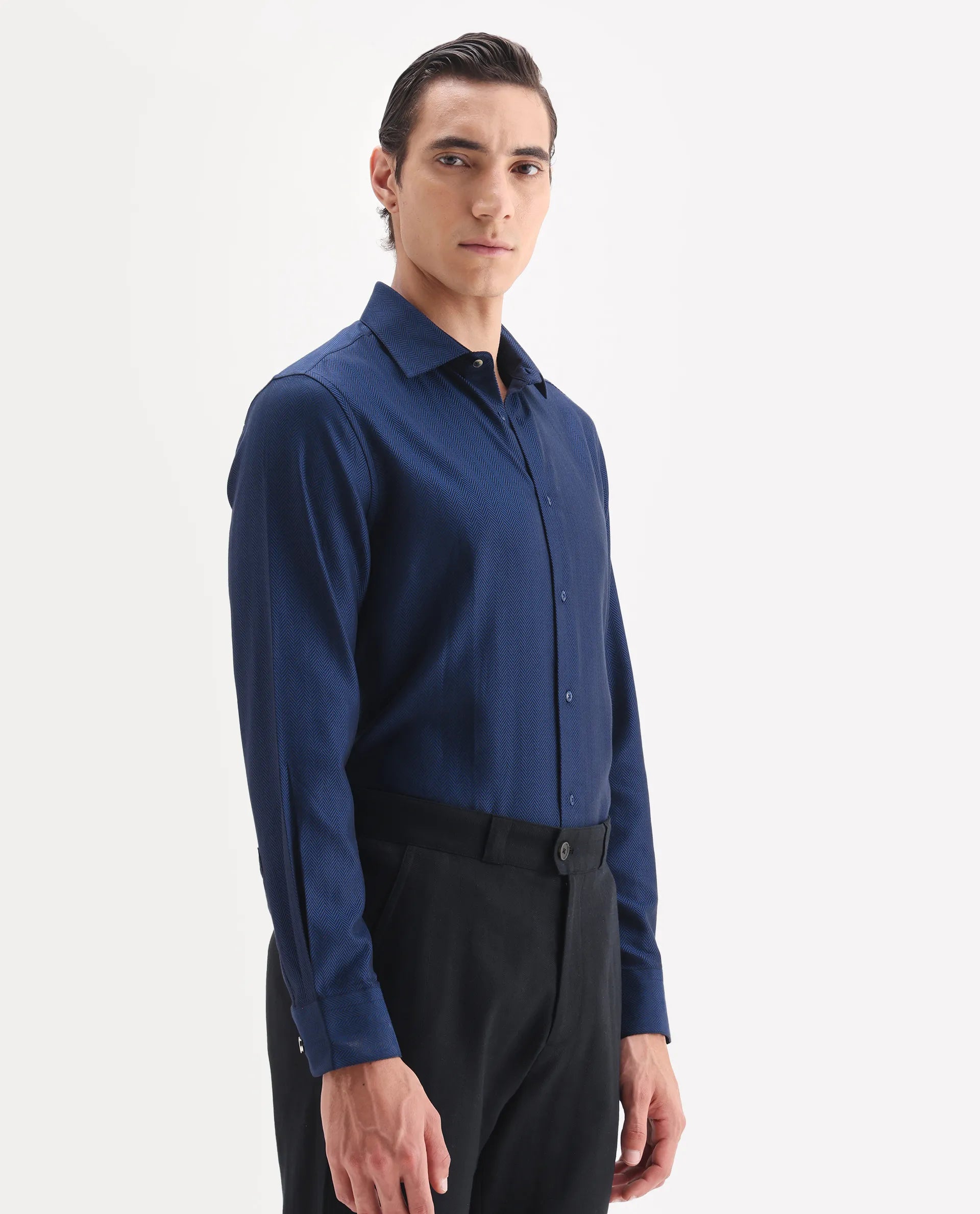 Rare Rabbit Men's Ruther 25 Dark Blue Cotton Fabric Spread Collar Regular Jacquard Shirt