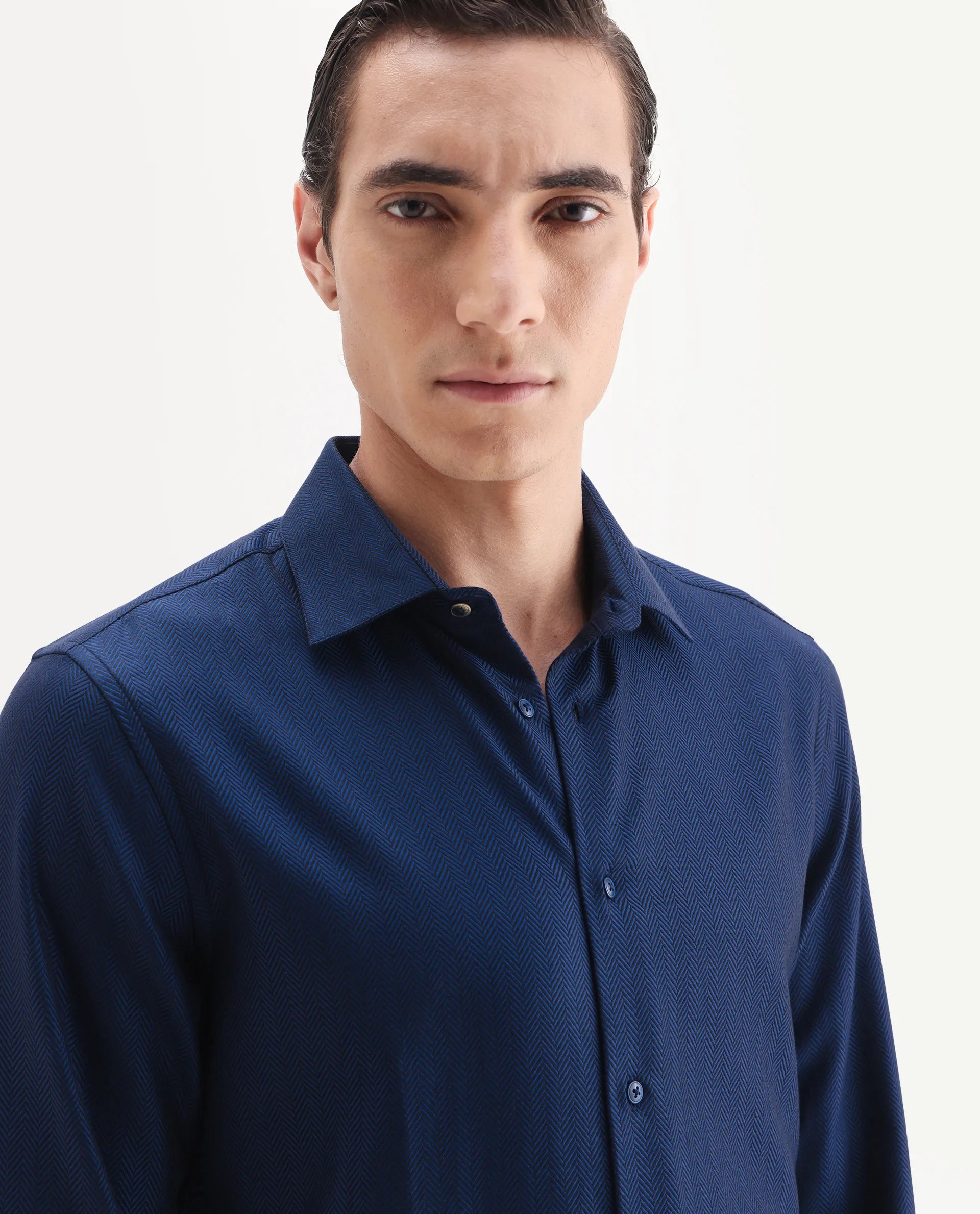 Rare Rabbit Men's Ruther 25 Dark Blue Cotton Fabric Spread Collar Regular Jacquard Shirt