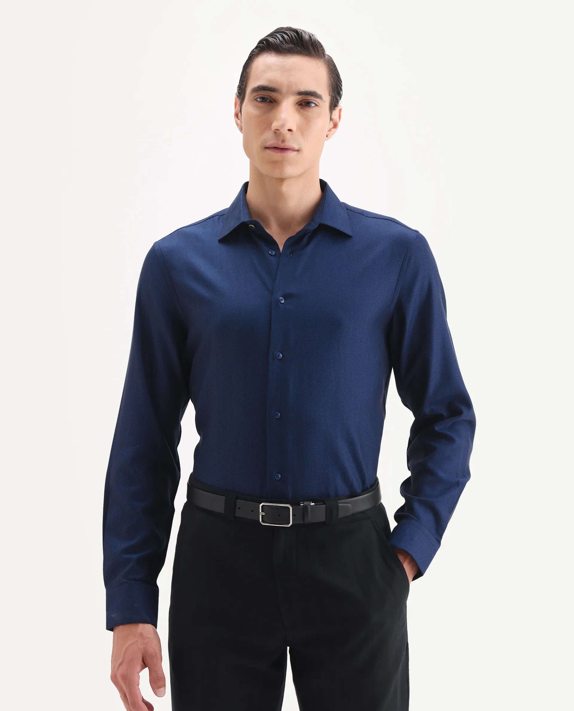 Rare Rabbit Men's Ruther 25 Dark Blue Cotton Fabric Spread Collar Regular Jacquard Shirt