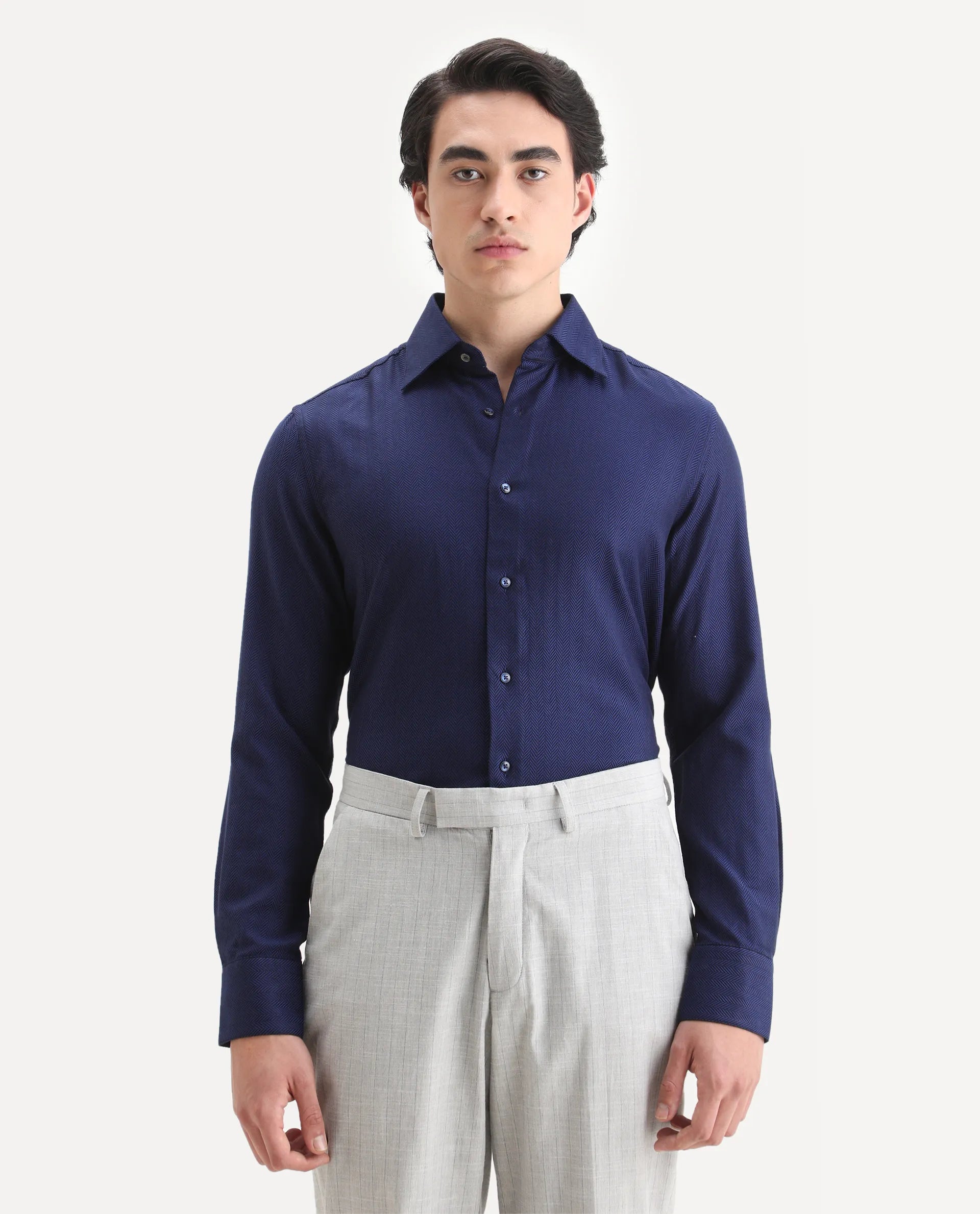 Rare Rabbit Men's Ruther Navy Cotton Plain Regular Fit Full Sleeve Collared Shirt