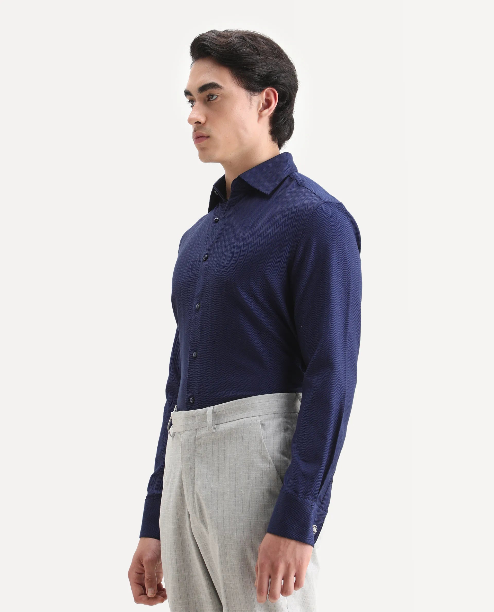 Rare Rabbit Men's Ruther Navy Cotton Plain Regular Fit Full Sleeve Collared Shirt