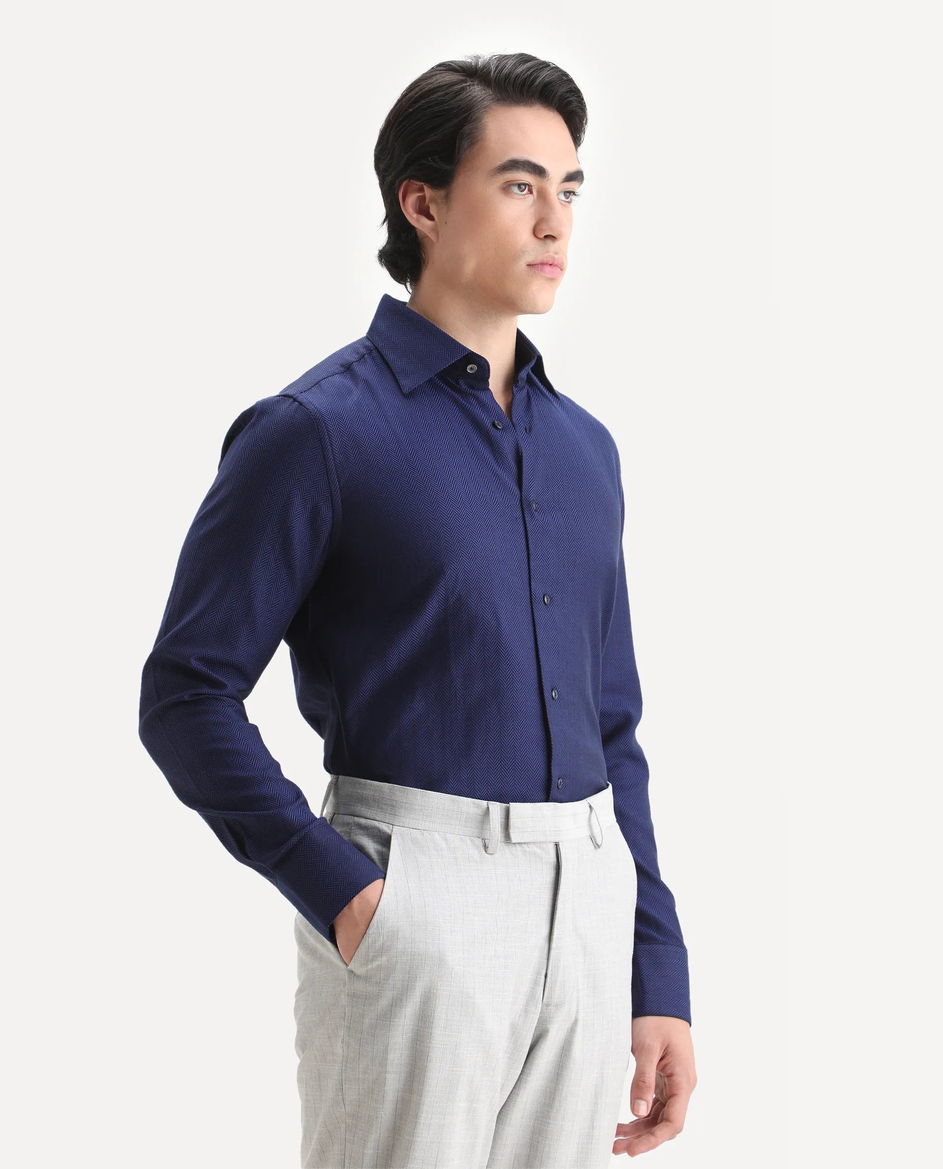 Rare Rabbit Men's Ruther Navy Cotton Plain Regular Fit Full Sleeve Collared Shirt