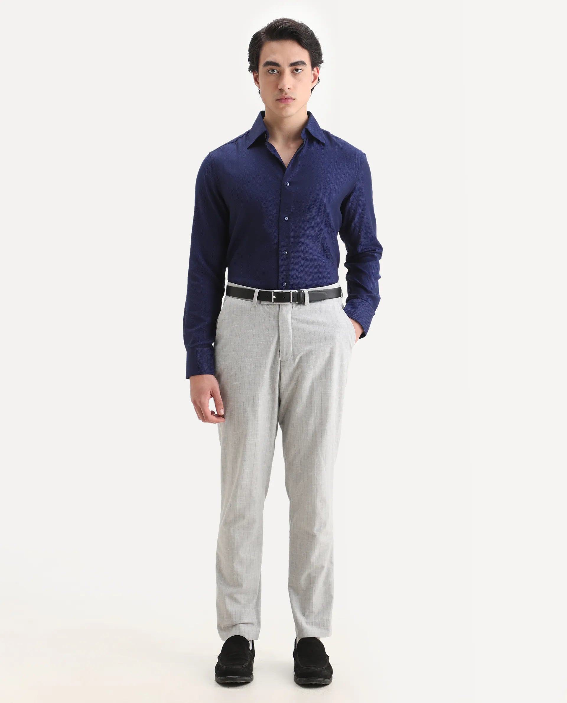 Rare Rabbit Men's Ruther Navy Cotton Plain Regular Fit Full Sleeve Collared Shirt