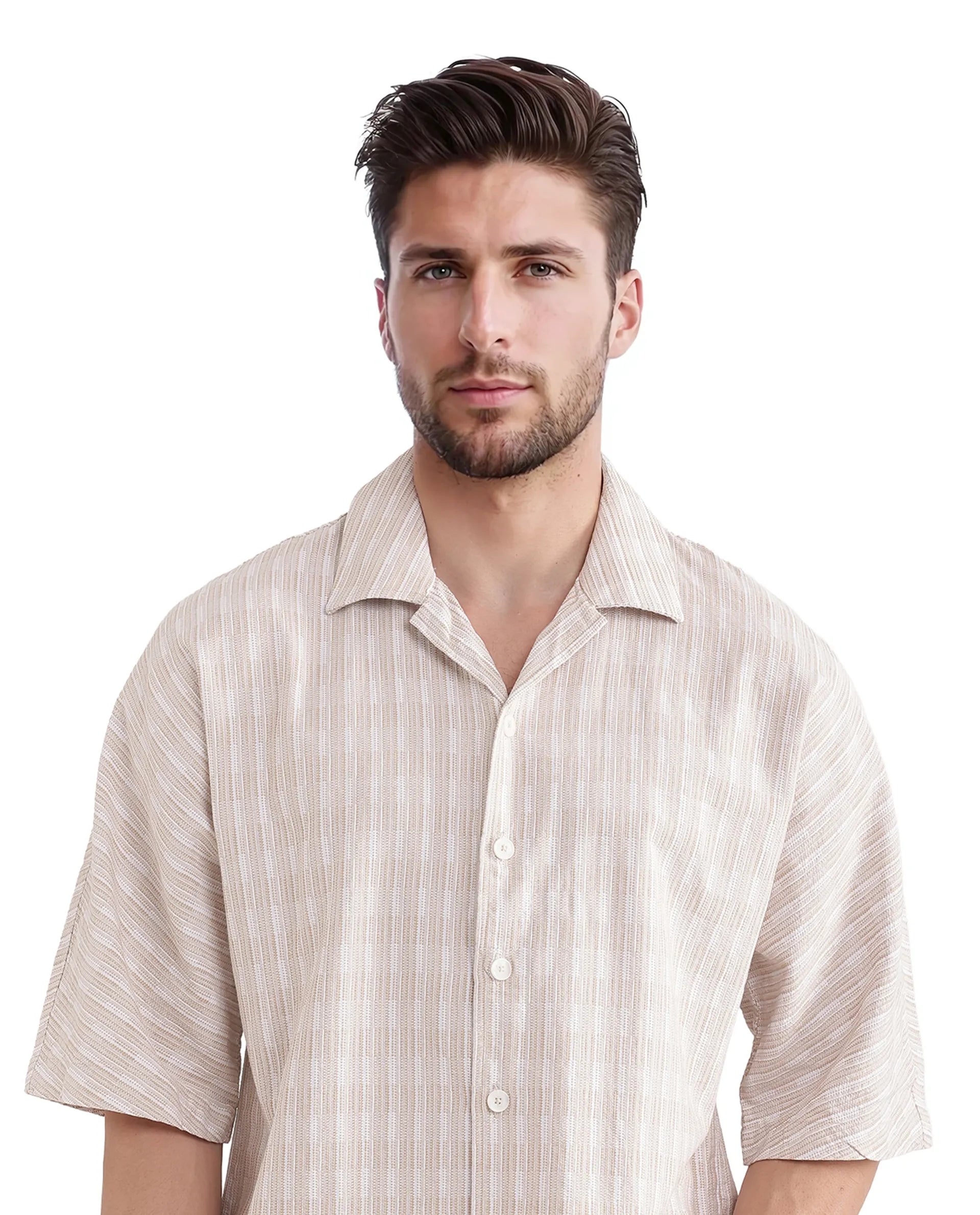 Rare Rabbit Men's Ruto Light Beige Cotton Fabric Short Sleeve Cuban Collared Button Closure Textured Stripe Shirt