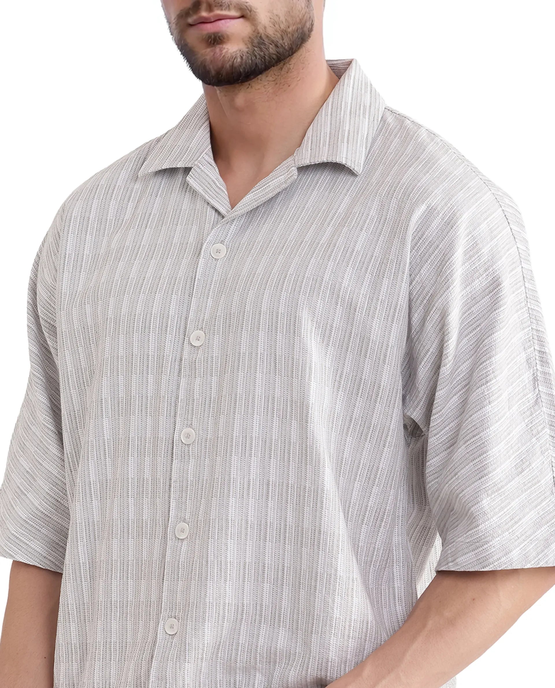 Rare Rabbit Men's Ruto Light Grey Cotton Fabric Short Sleeve Cuban Collared Button Closure Textured Stripe Shirt
