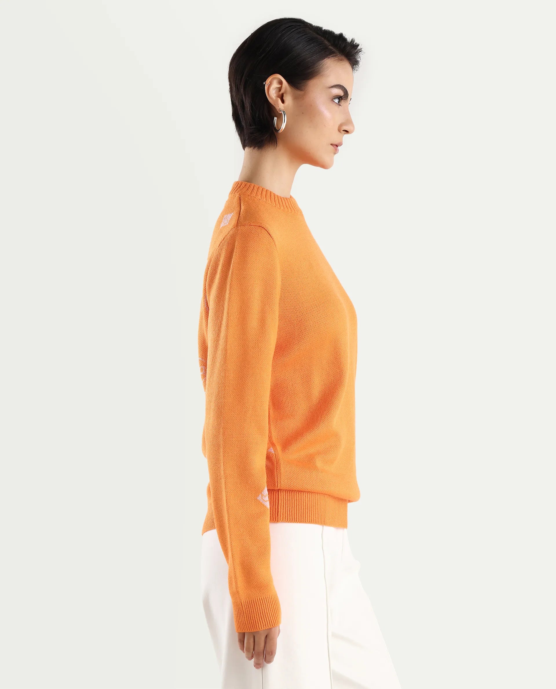 Rareism Women's Ruto Orange Acrylic Crew Neck Plain Relaxed Fit Sweater