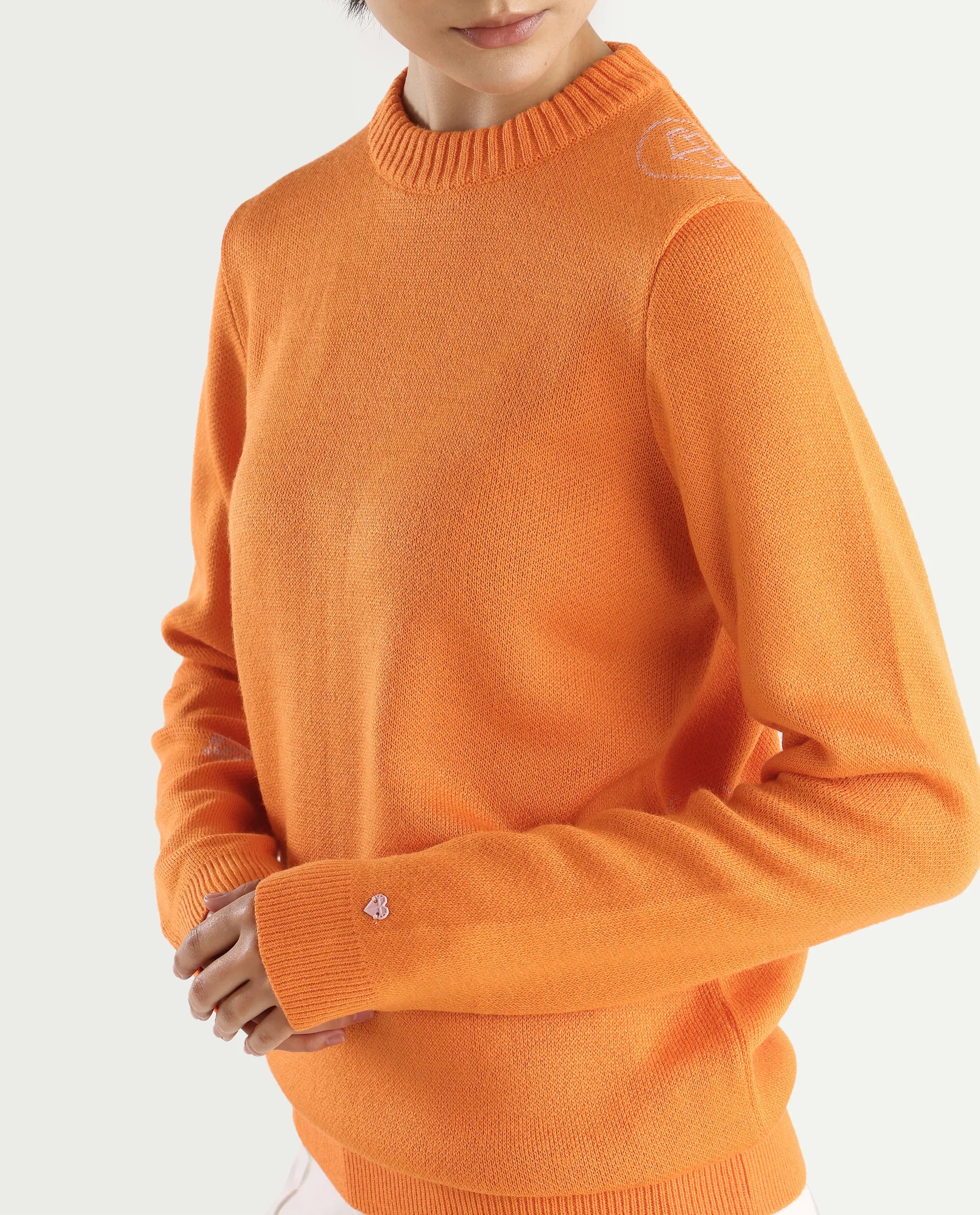 Rareism Women's Ruto Orange Acrylic Crew Neck Plain Relaxed Fit Sweater