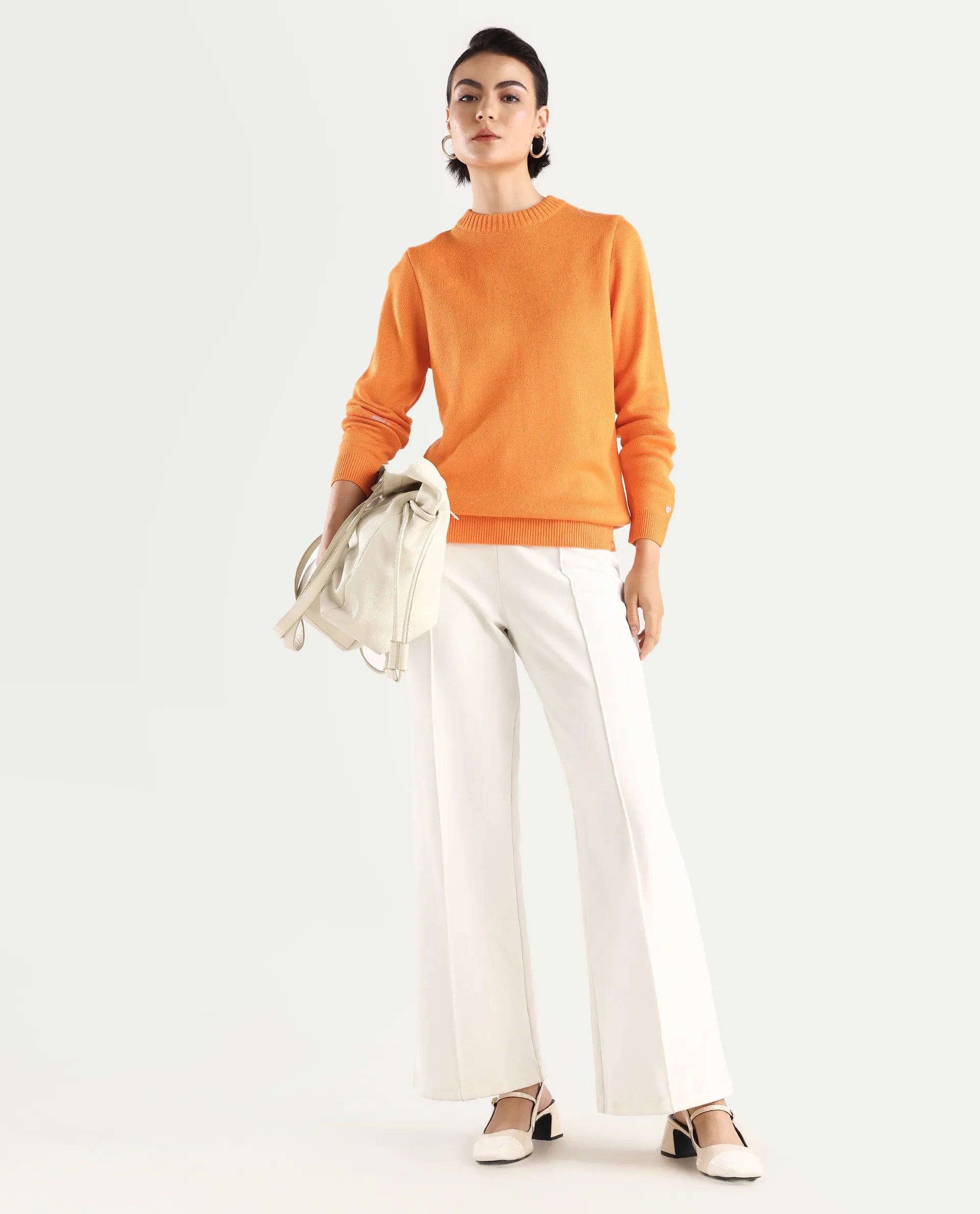 Rareism Women's Ruto Orange Acrylic Crew Neck Plain Relaxed Fit Sweater