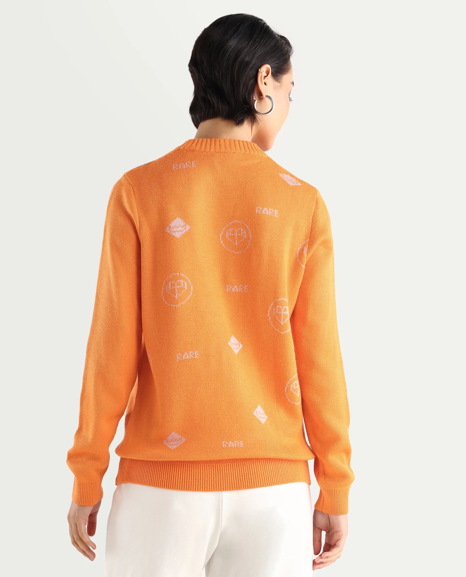 Rareism Women's Ruto Orange Acrylic Crew Neck Plain Relaxed Fit Sweater