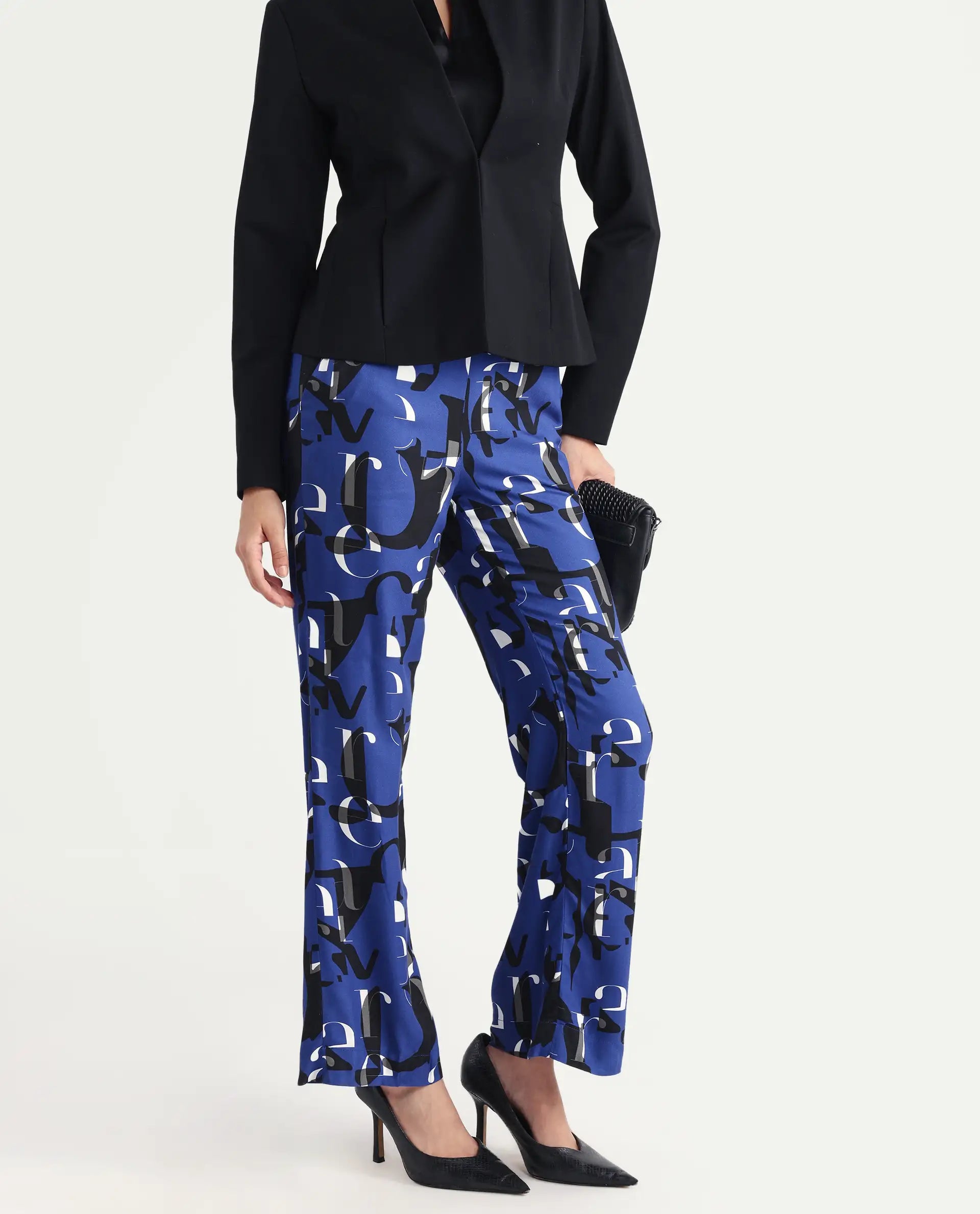 Rareism Women's Ryan Blue Viscose Typography Print Ankle Length Wide Trouser