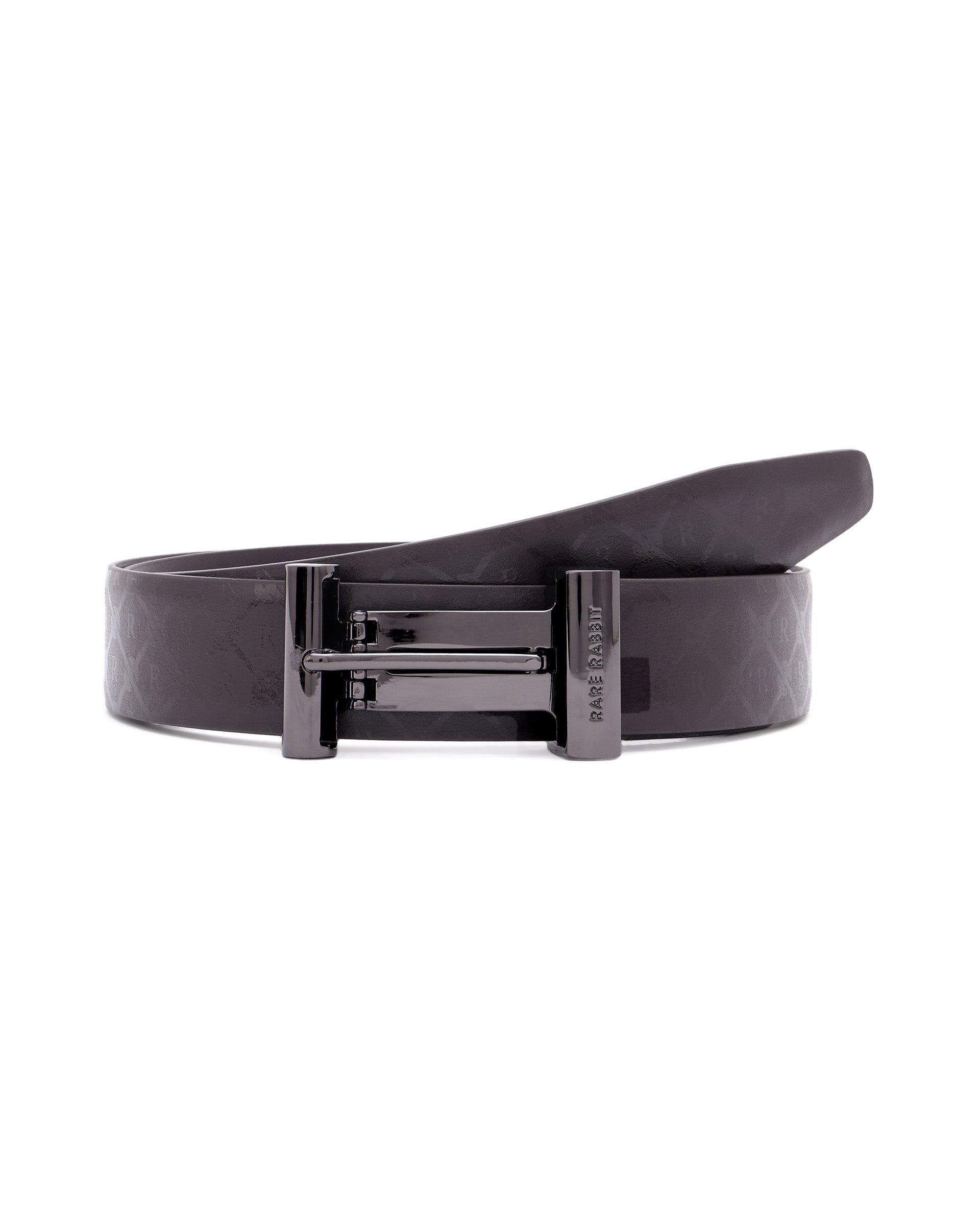 Rare Rabbit Men's Ryan Brown Reversible Monogram Print Gun Metal Belt