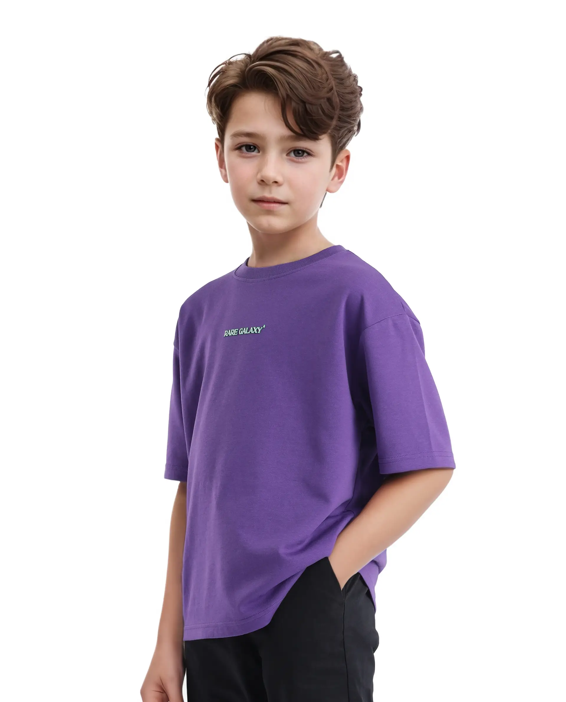 Rare Ones Kids Ryan Dark Purple Cotton Poly Short Sleeve Crew Neck Discharge With Hd Print Boxy T-Shirt
