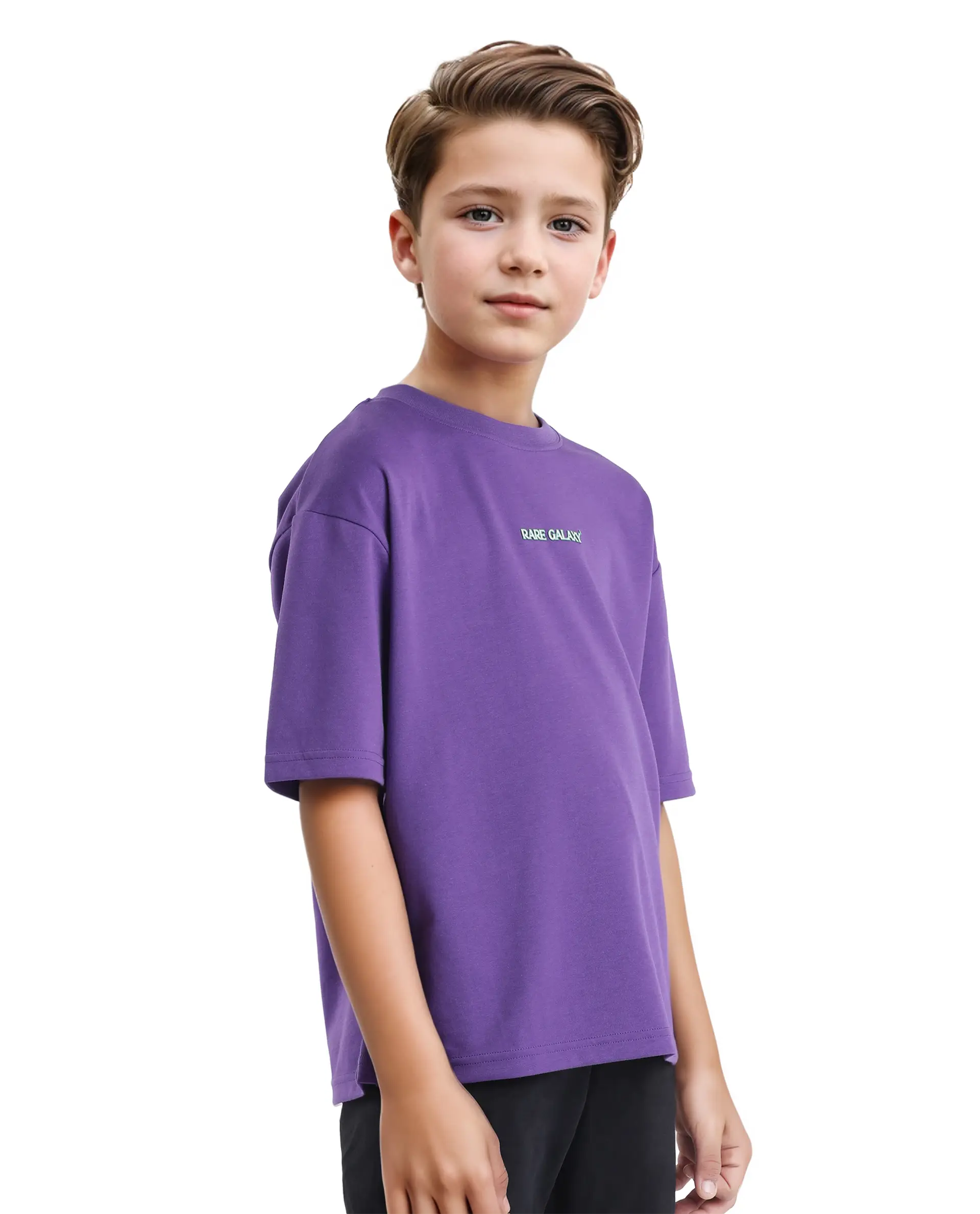 Rare Ones Kids Ryan Dark Purple Cotton Poly Short Sleeve Crew Neck Discharge With Hd Print Boxy T-Shirt