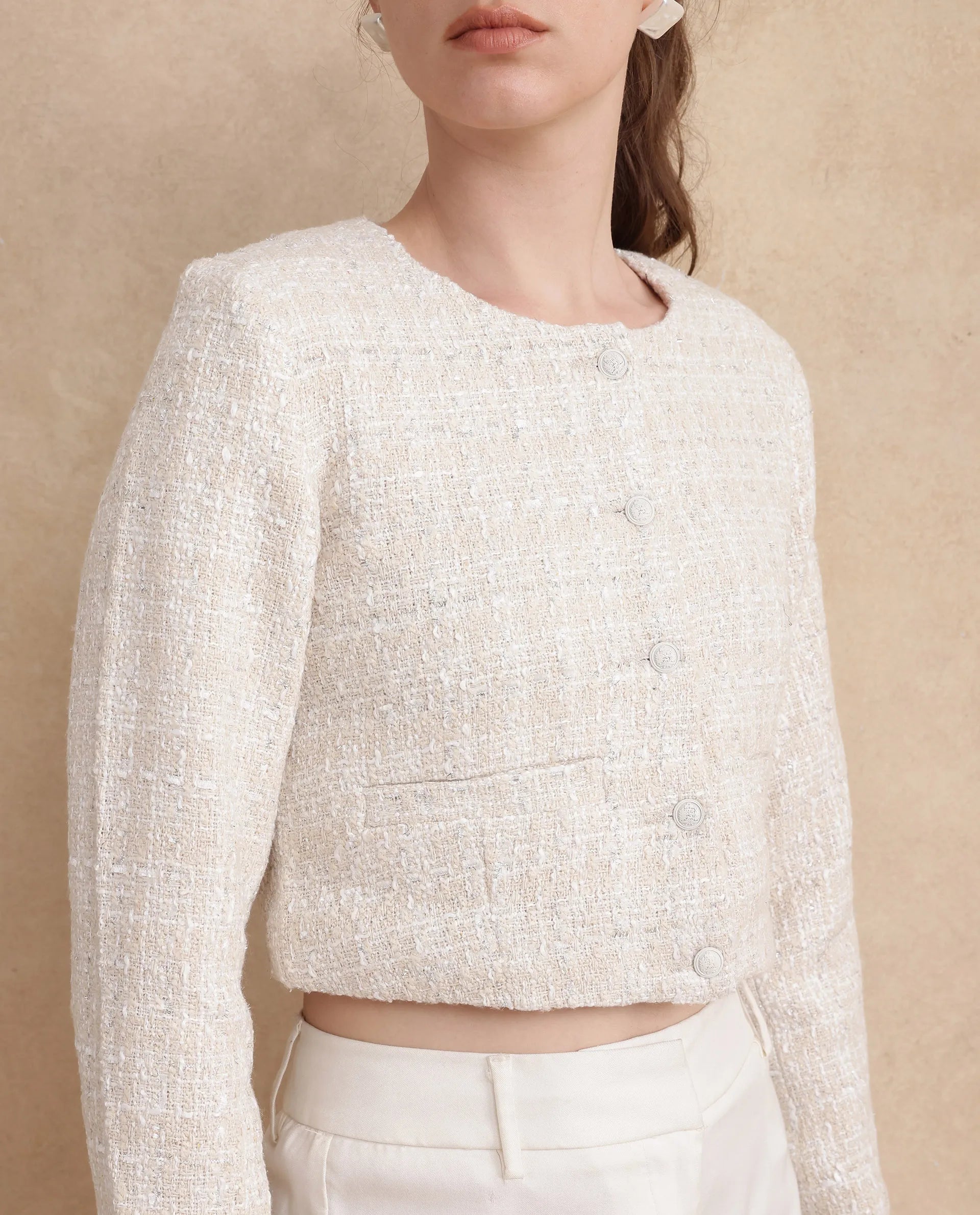 Rareism Women Rybe Beige Polyester Blend Fabric Regular Sleeve Collarless Regular Fit Cropped Plain Jacket