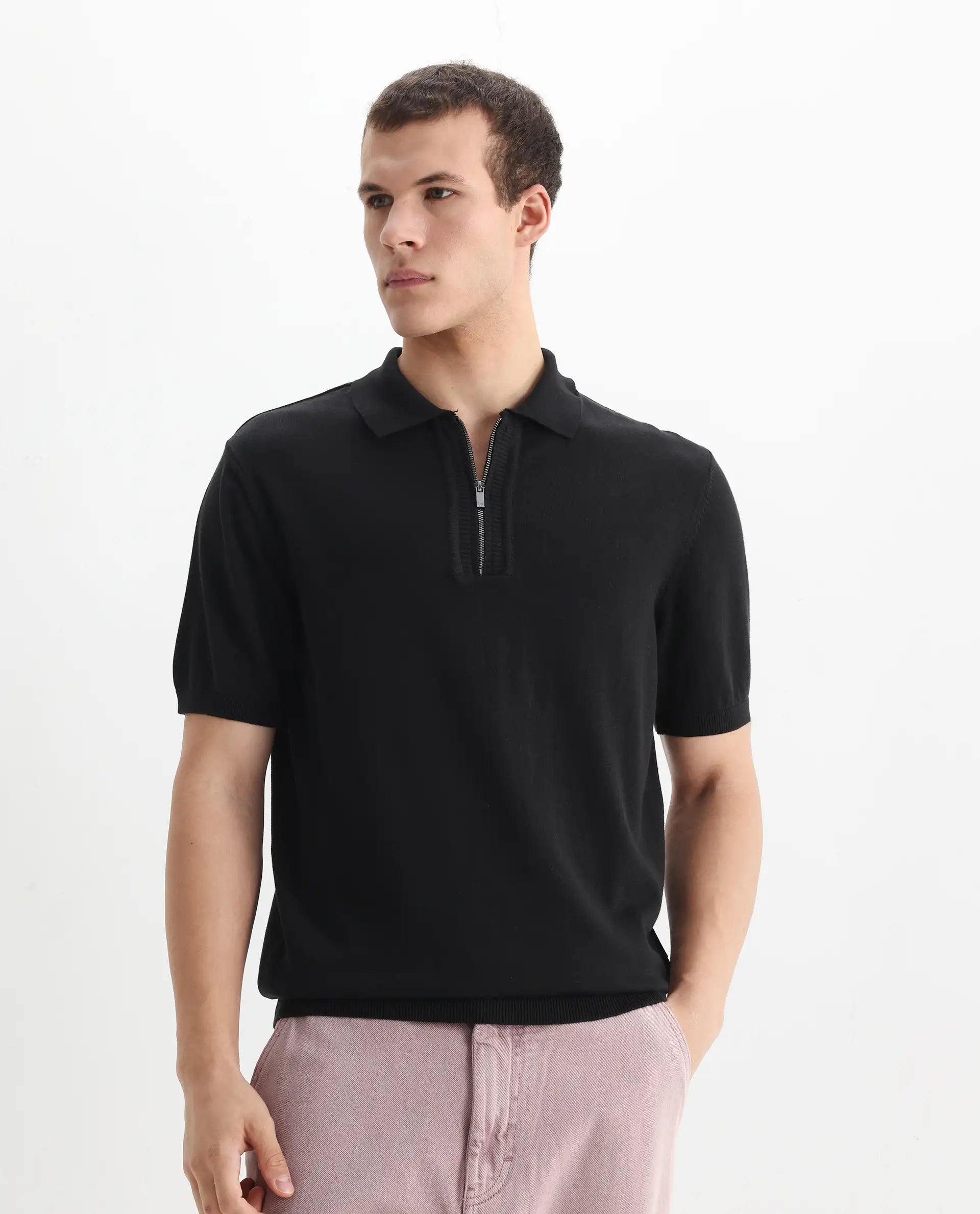Rare Rabbit Men's Ryd Black Cotton Plain Regular Fit Half Sleeve Polo