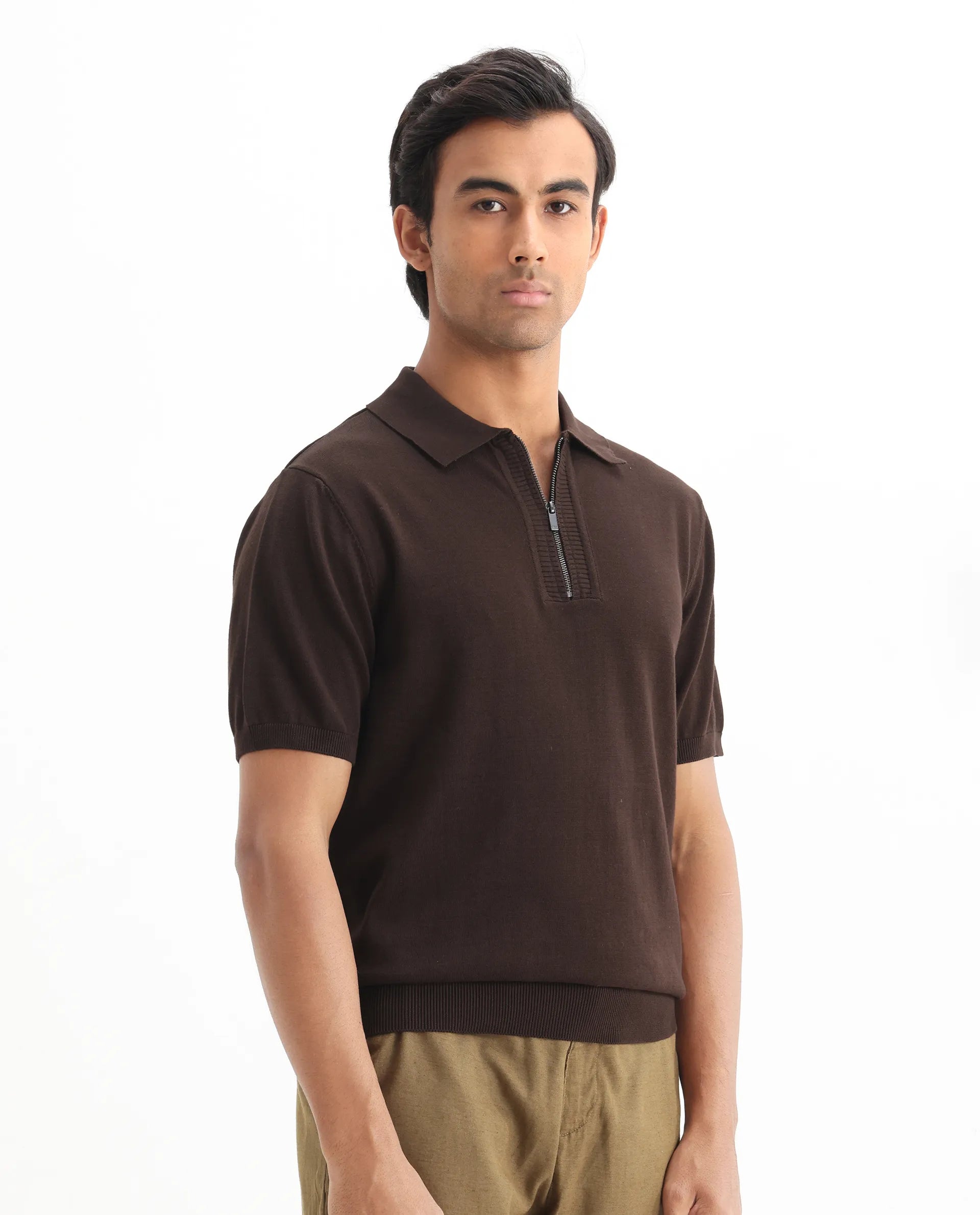 Rare Rabbit Men's Ryd Brown Cotton Plain Regular Fit Half Sleeve Polo