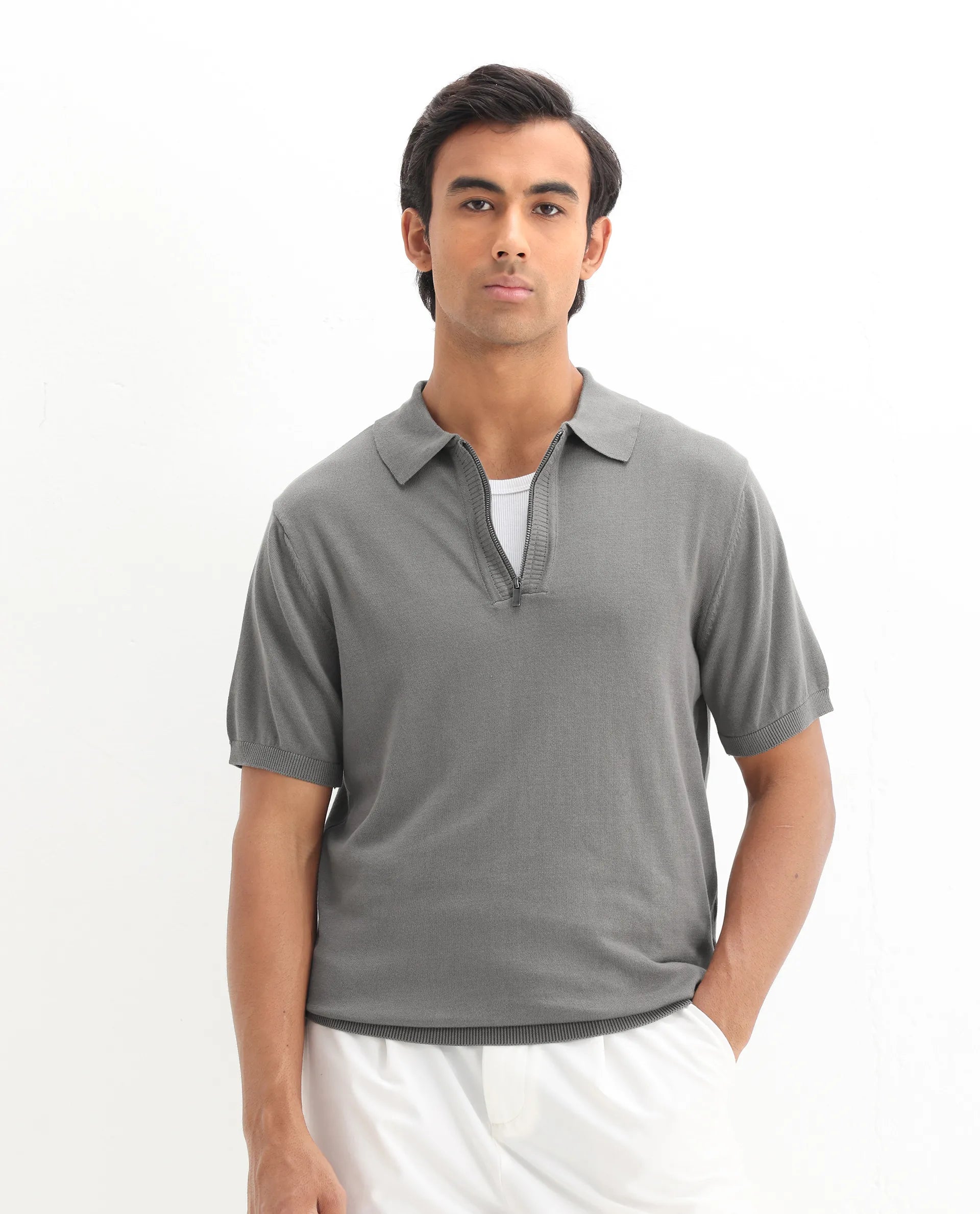 Rare Rabbit Men's Ryd Dark Grey Cotton Plain Regular Fit Half Sleeve Polo