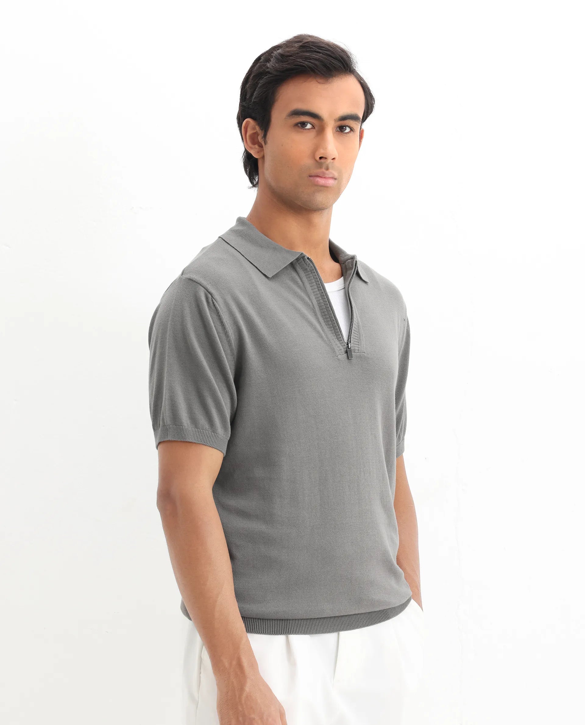 Rare Rabbit Men's Ryd Dark Grey Cotton Plain Regular Fit Half Sleeve Polo