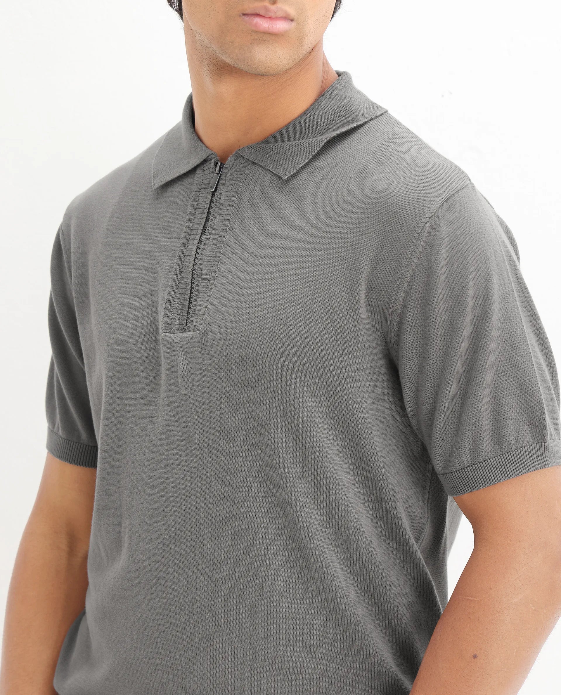 Rare Rabbit Men's Ryd Dark Grey Cotton Plain Regular Fit Half Sleeve Polo