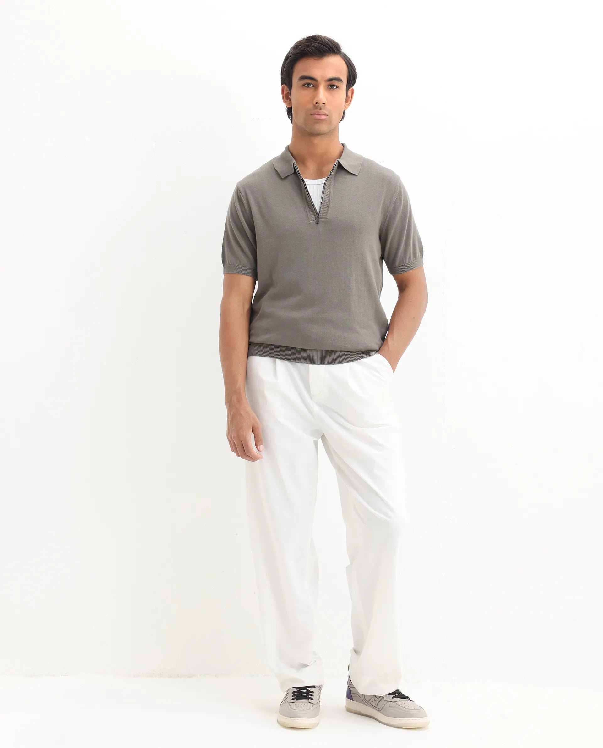 Rare Rabbit Men's Ryd Dark Grey Cotton Plain Regular Fit Half Sleeve Polo