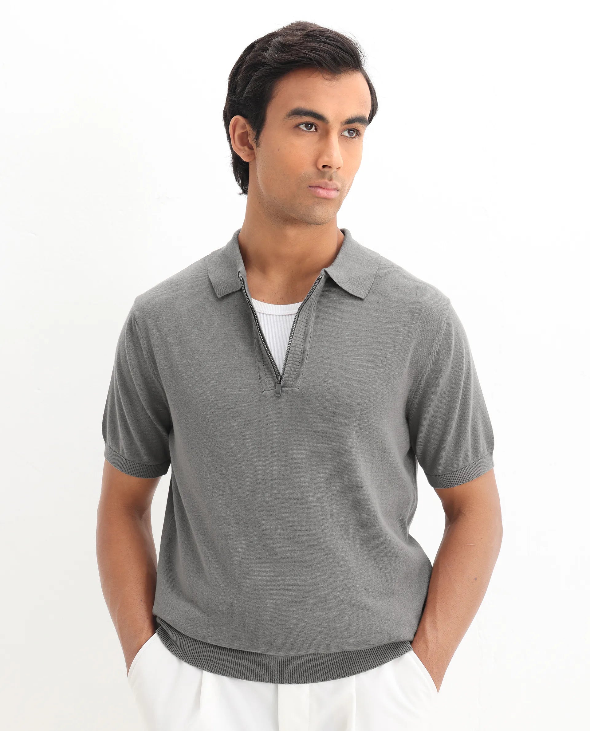 Rare Rabbit Men's Ryd Dark Grey Cotton Plain Regular Fit Half Sleeve Polo