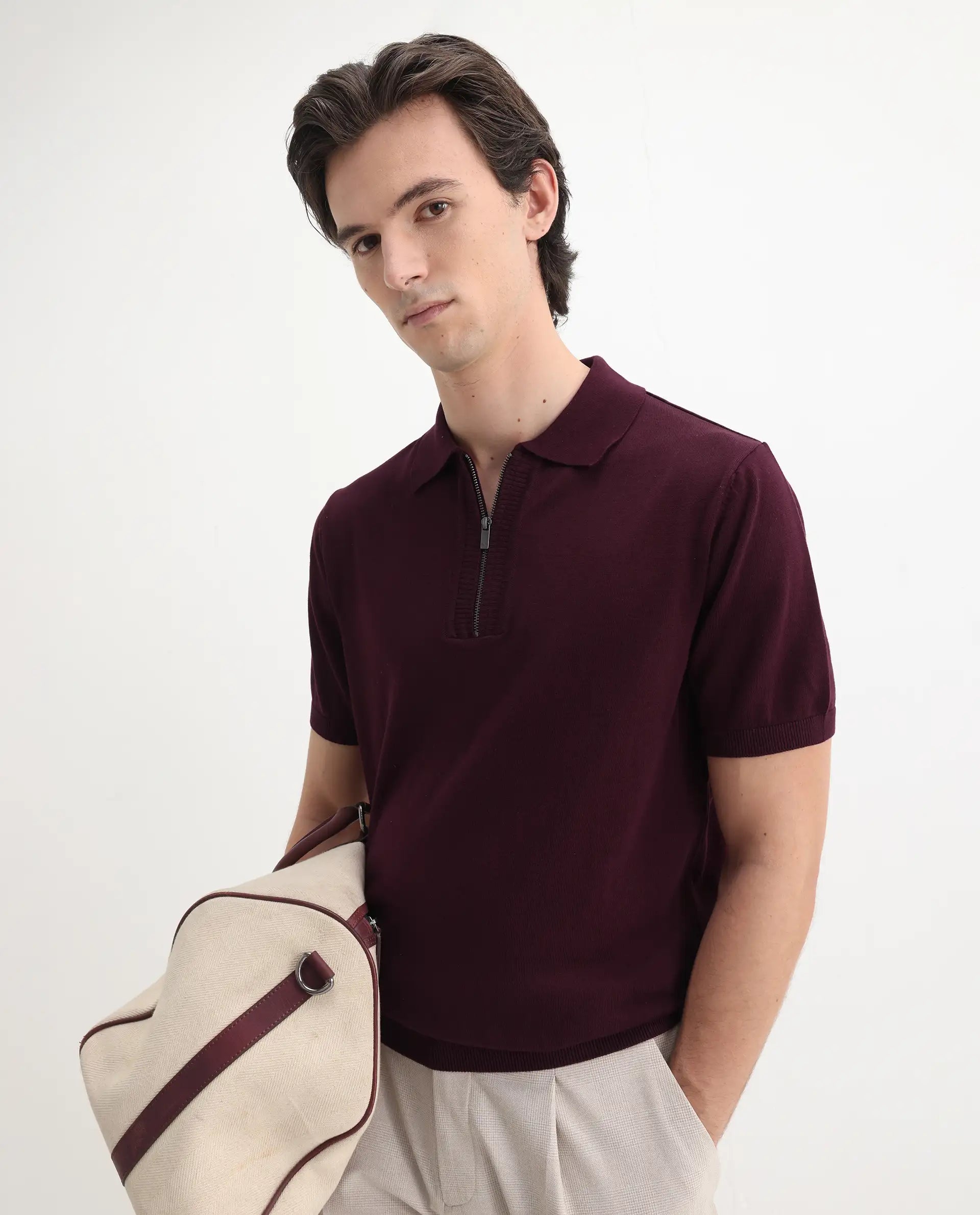 Rare Rabbit Men's Ryd Maroon Cotton Plain Regular Fit Half Sleeve Polo