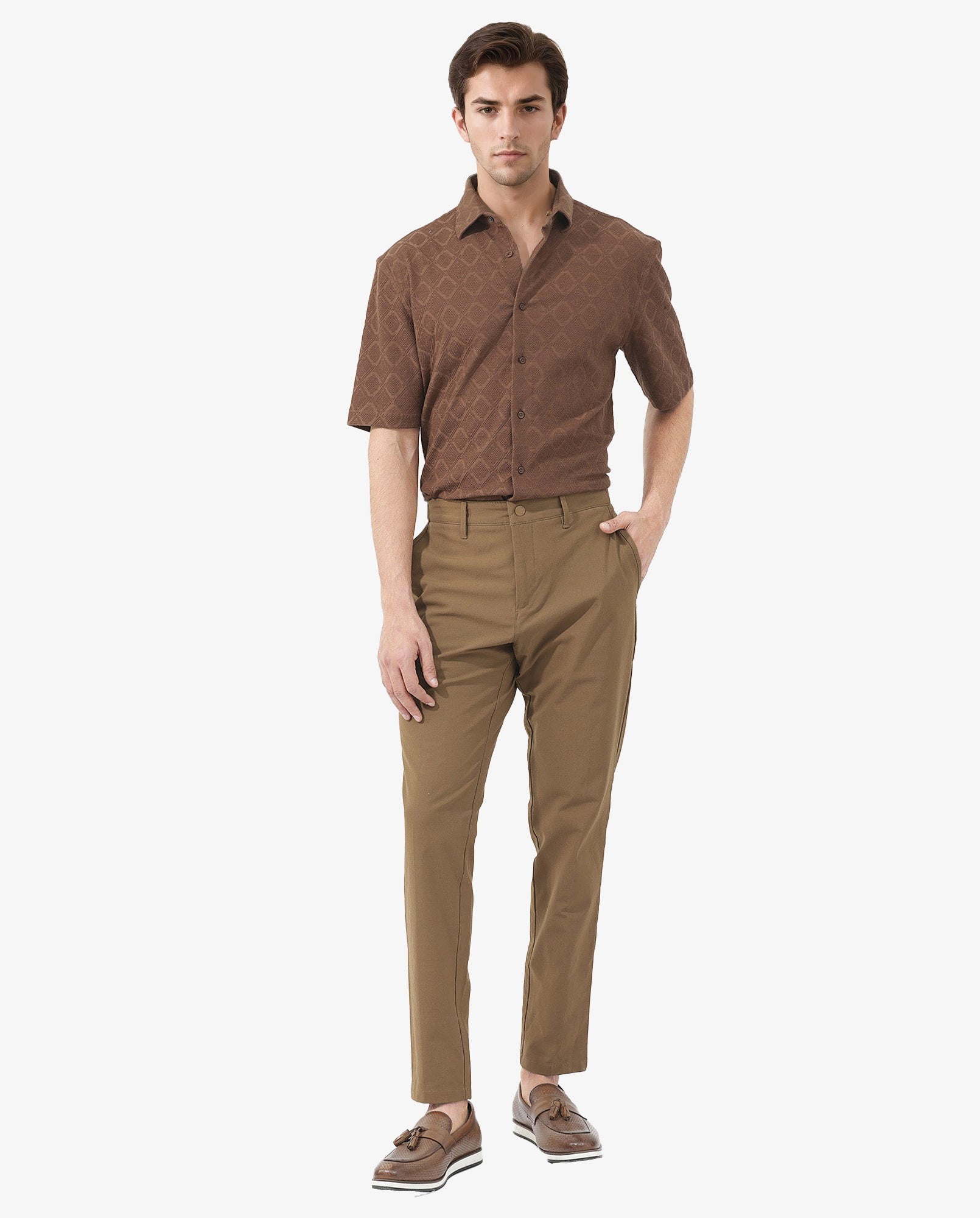 Rare Rabbit Mens Ryker Brown Cotton Polyester Fabric Blend Short Sleeve Boxy Fit Jacquard Shirt