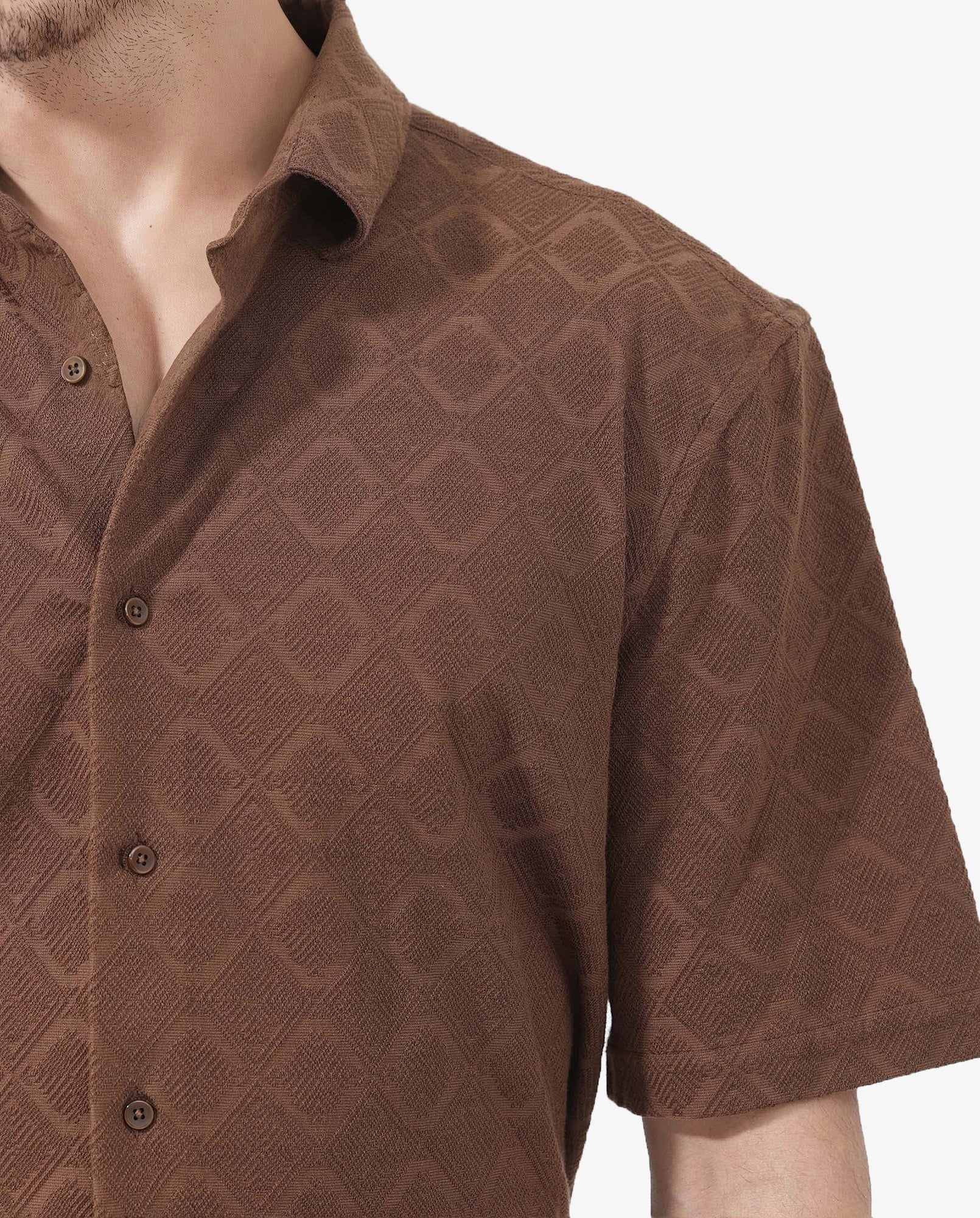 Rare Rabbit Mens Ryker Brown Cotton Polyester Fabric Blend Short Sleeve Boxy Fit Jacquard Shirt