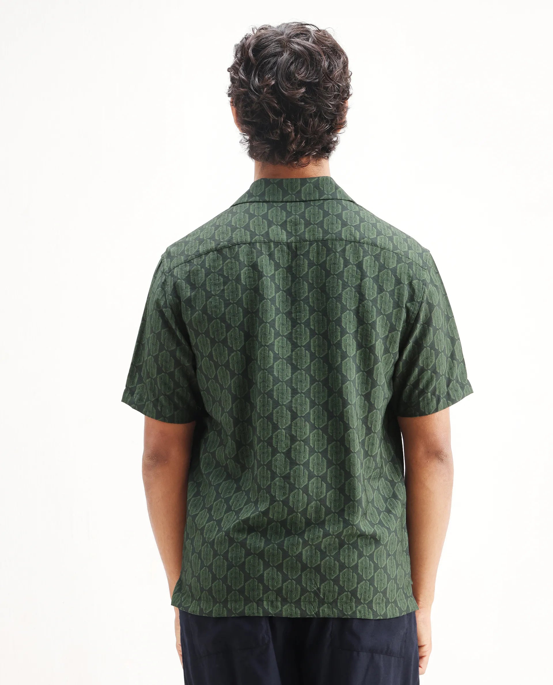 Rare Rabbit Men's Rynox Green Viscose Blend Monogram Print Relaxed Fit Half Sleeve Cuban Collar Shirt