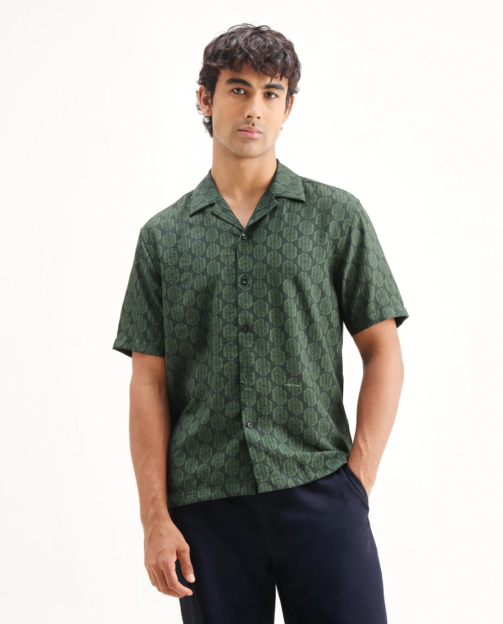 Rare Rabbit Men's Rynox Green Viscose Blend Monogram Print Relaxed Fit Half Sleeve Cuban Collar Shirt