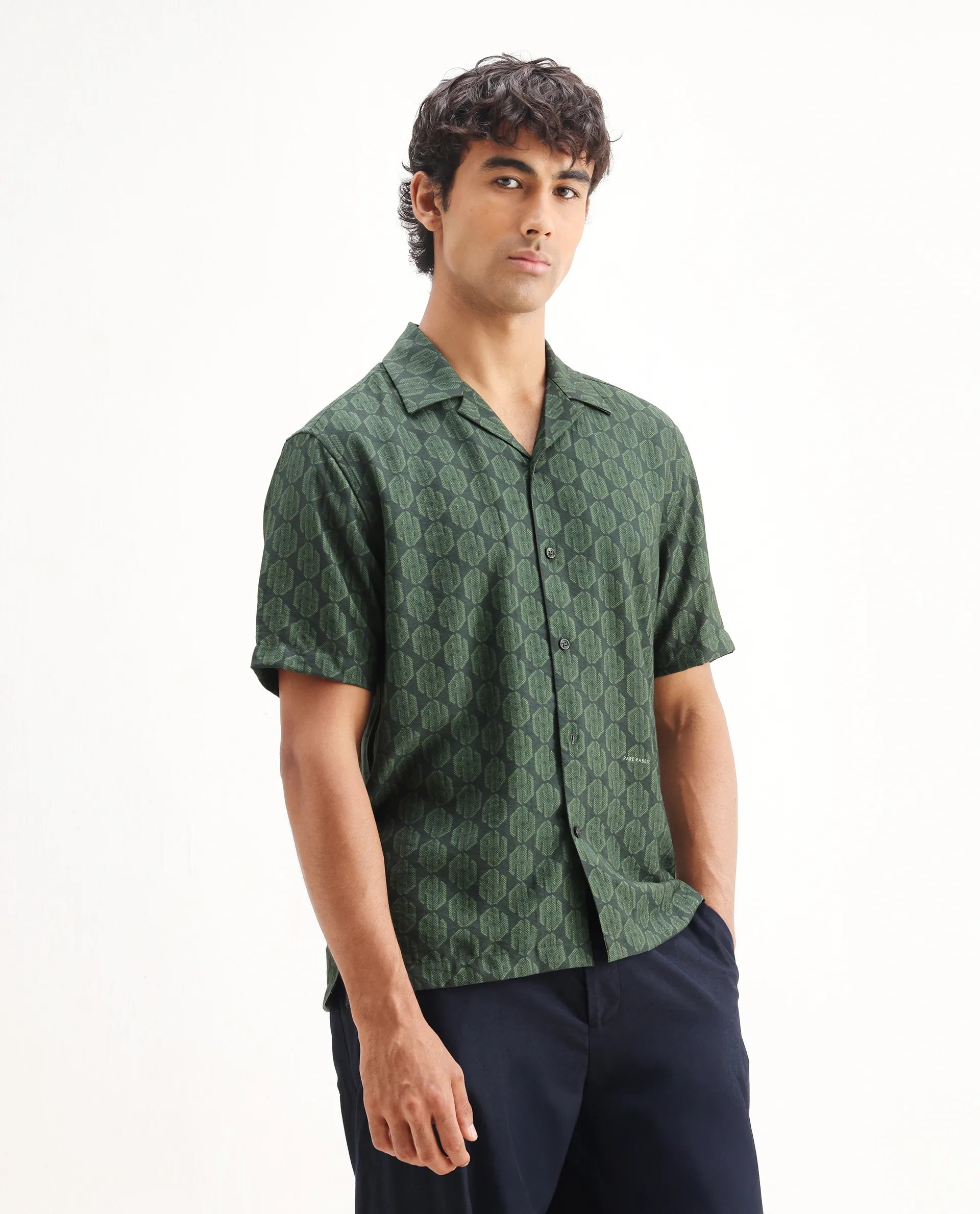 Rare Rabbit Men's Rynox Green Viscose Blend Monogram Print Relaxed Fit Half Sleeve Cuban Collar Shirt