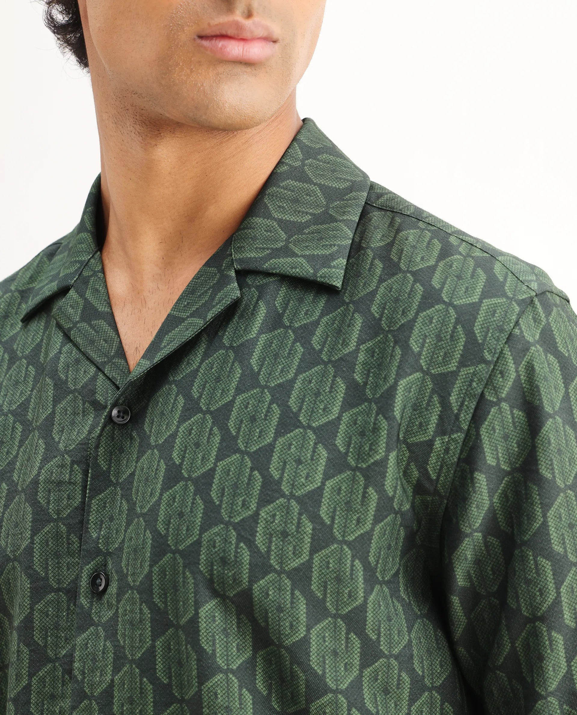 Rare Rabbit Men's Rynox Green Viscose Blend Monogram Print Relaxed Fit Half Sleeve Cuban Collar Shirt