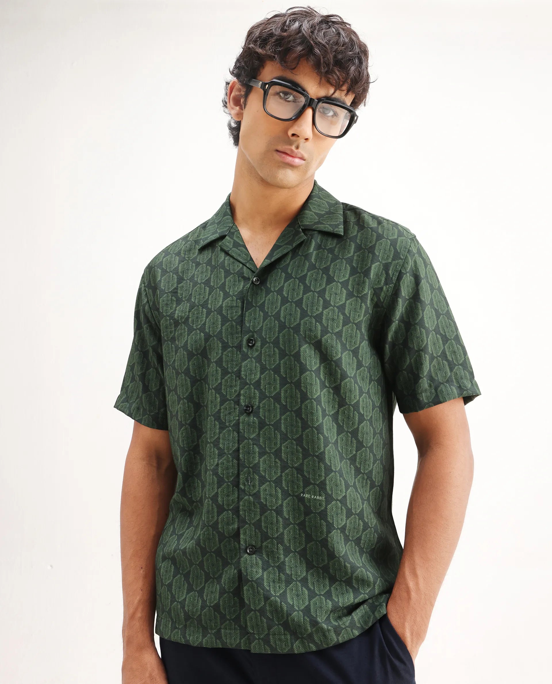 Rare Rabbit Men's Rynox Green Viscose Blend Monogram Print Relaxed Fit Half Sleeve Cuban Collar Shirt