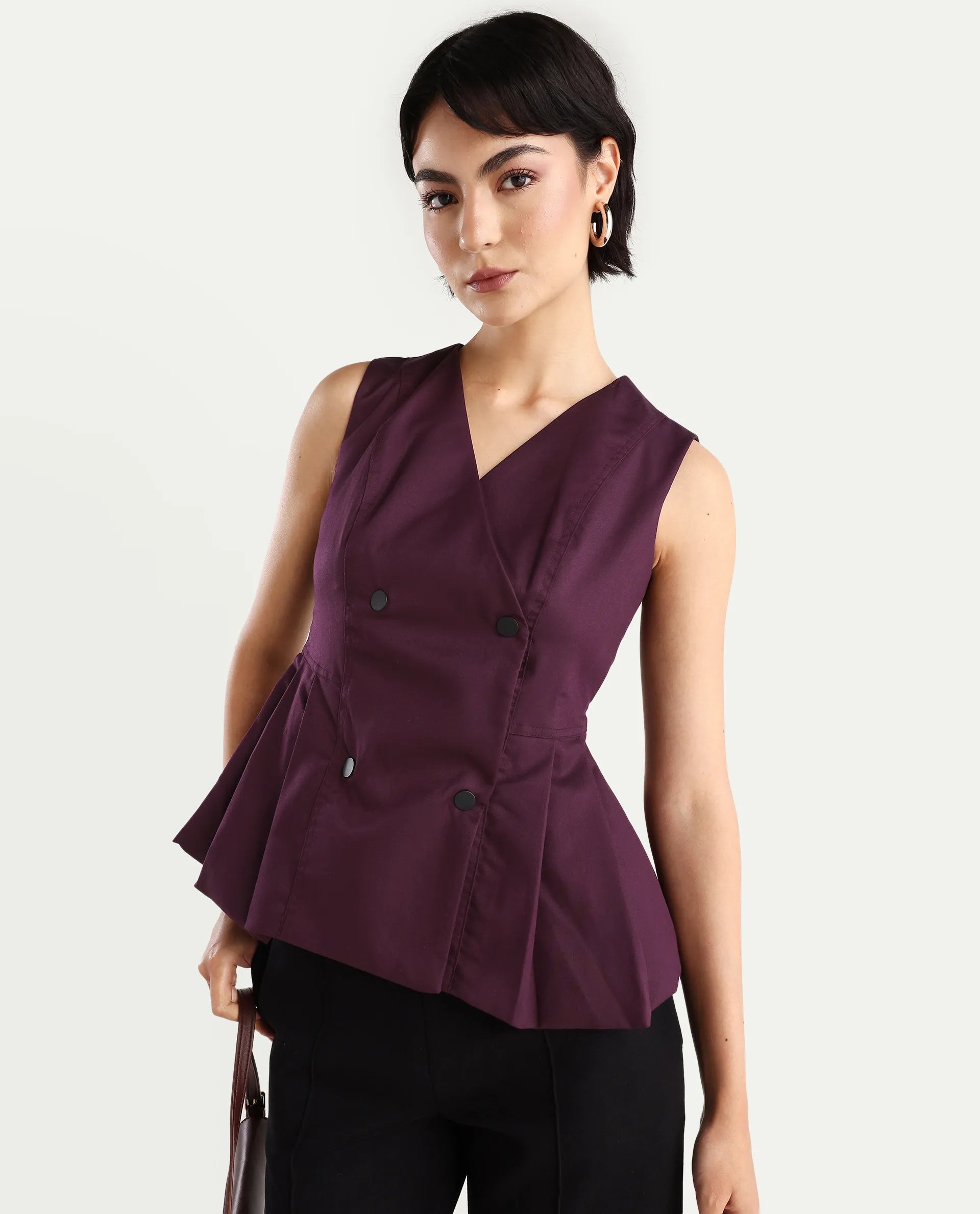 Rareism Women's Rysa Purple Polyester V-Neck Plain Sleeveless Regular Fit And Flare Top