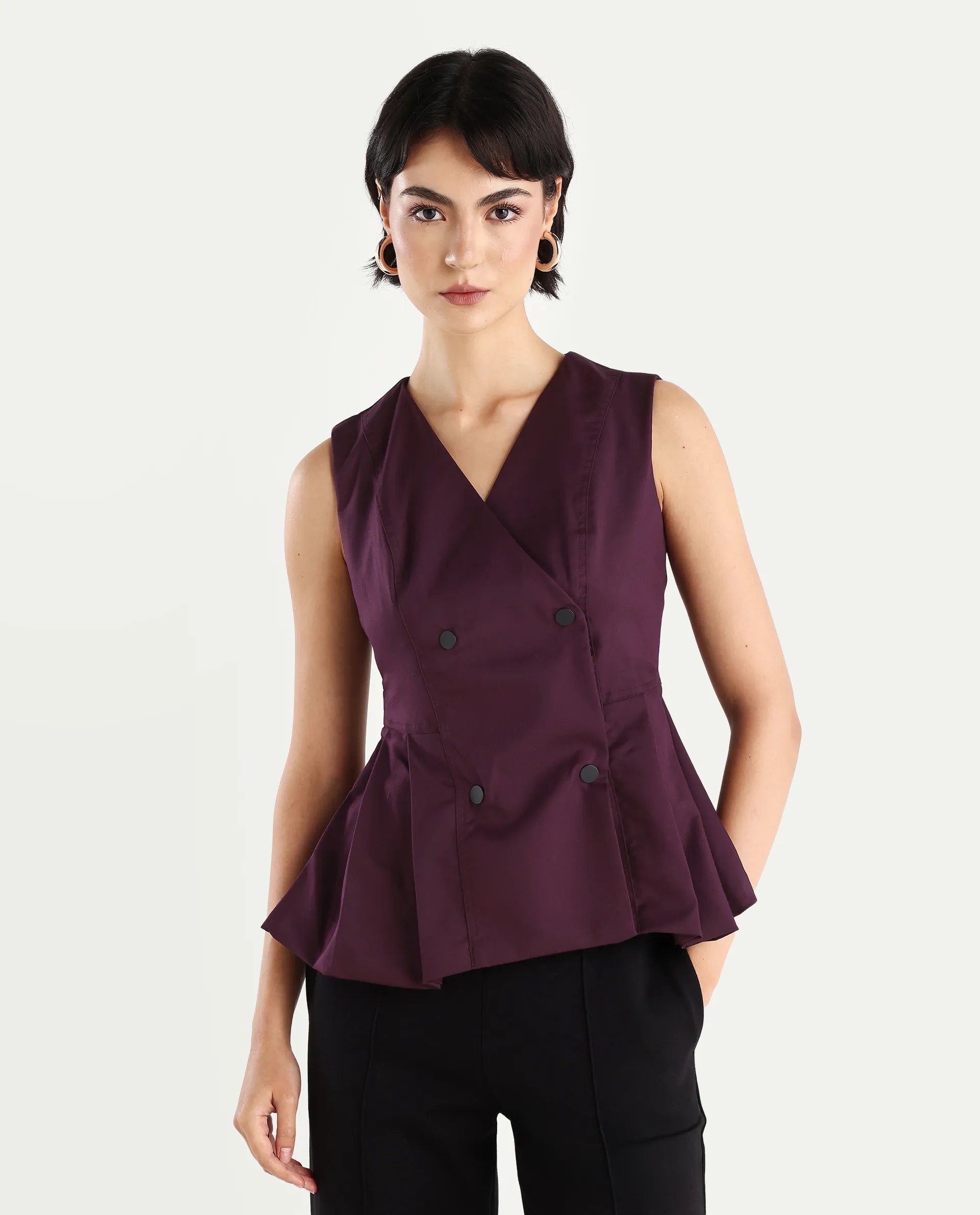 Rareism Women's Rysa Purple Polyester V-Neck Plain Sleeveless Regular Fit And Flare Top